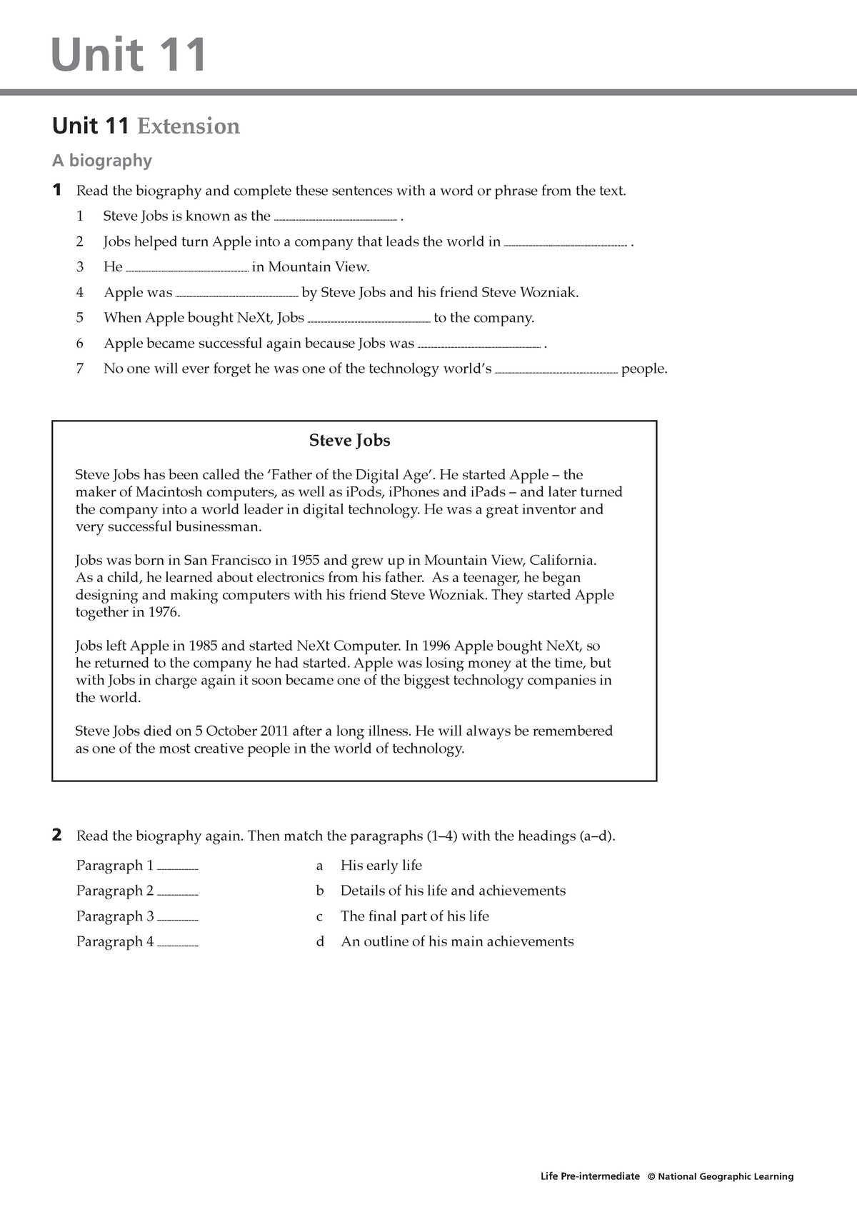 Pre U11 Extension - Unit 11 Life Pre-intermediate © National Geographic ...