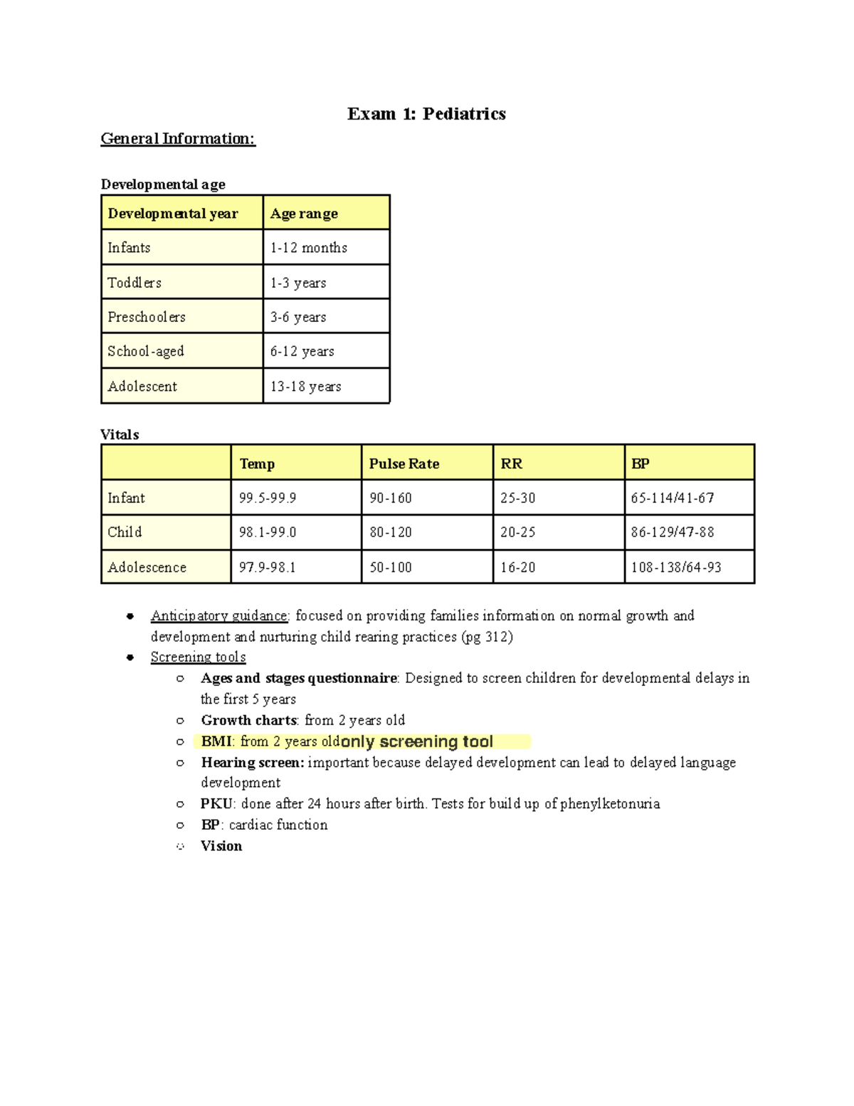 Main 1 - Block 12- Care of Older Adult Exam Notes - Exam 1: Pediatrics ...