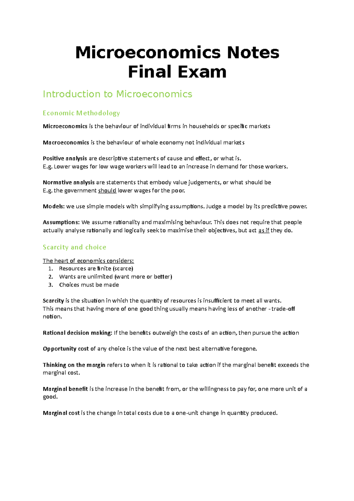 Final Exam Notes 2016 - Microeconomics Notes Final Exam Introduction To ...