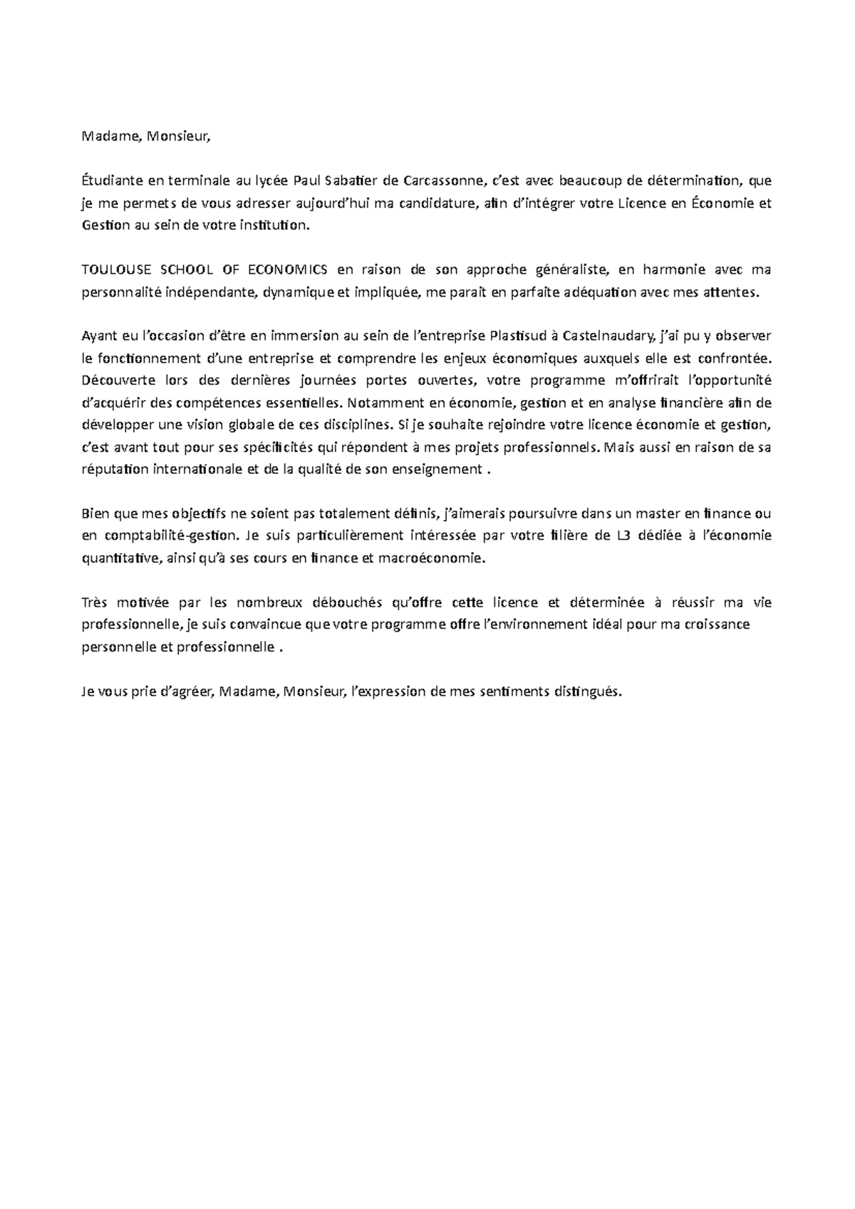 Lettre de motivation Licence ECO Gestion Madame, Monsieur, Étudiante — free download