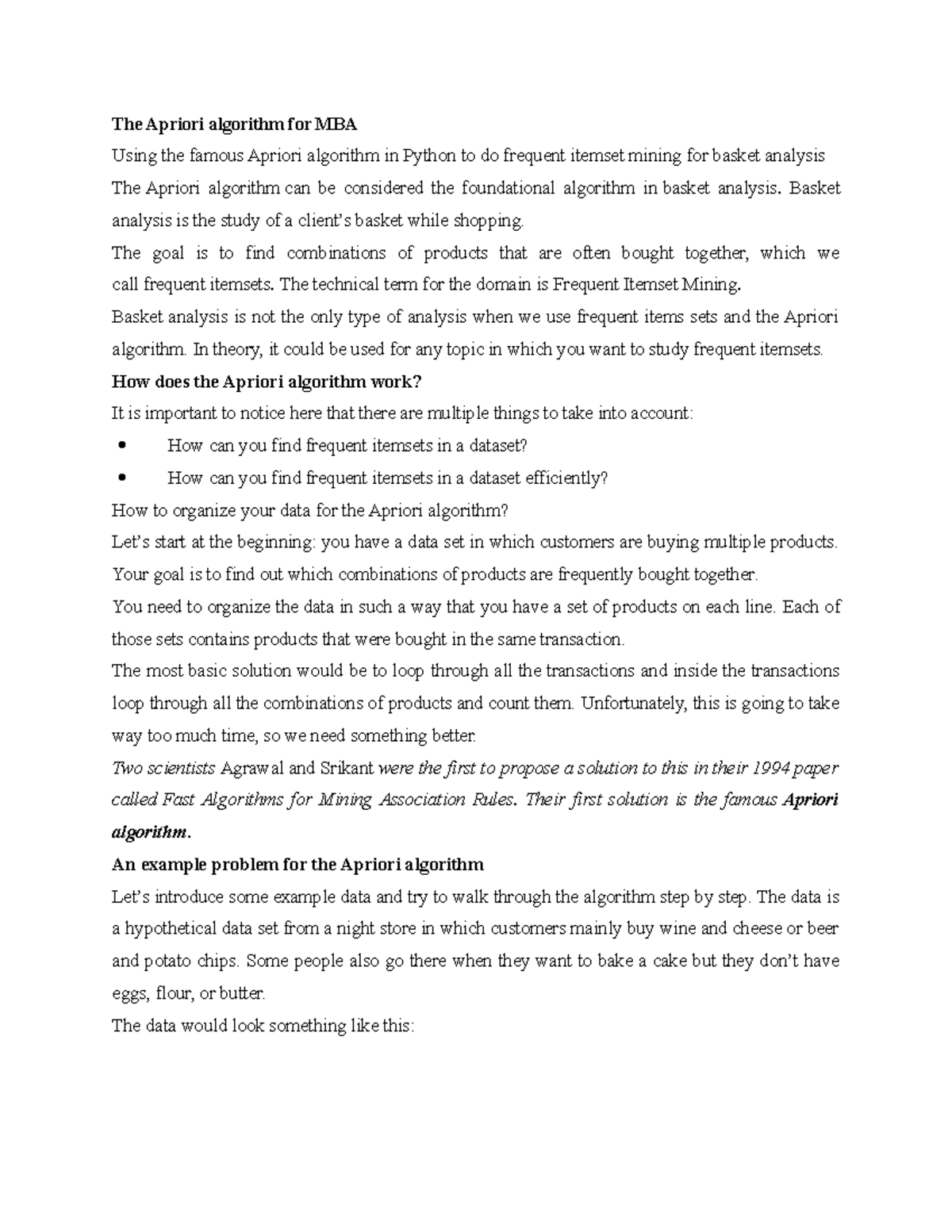 The Apriori algorithm for MBA - Basket analysis is the study of a ...