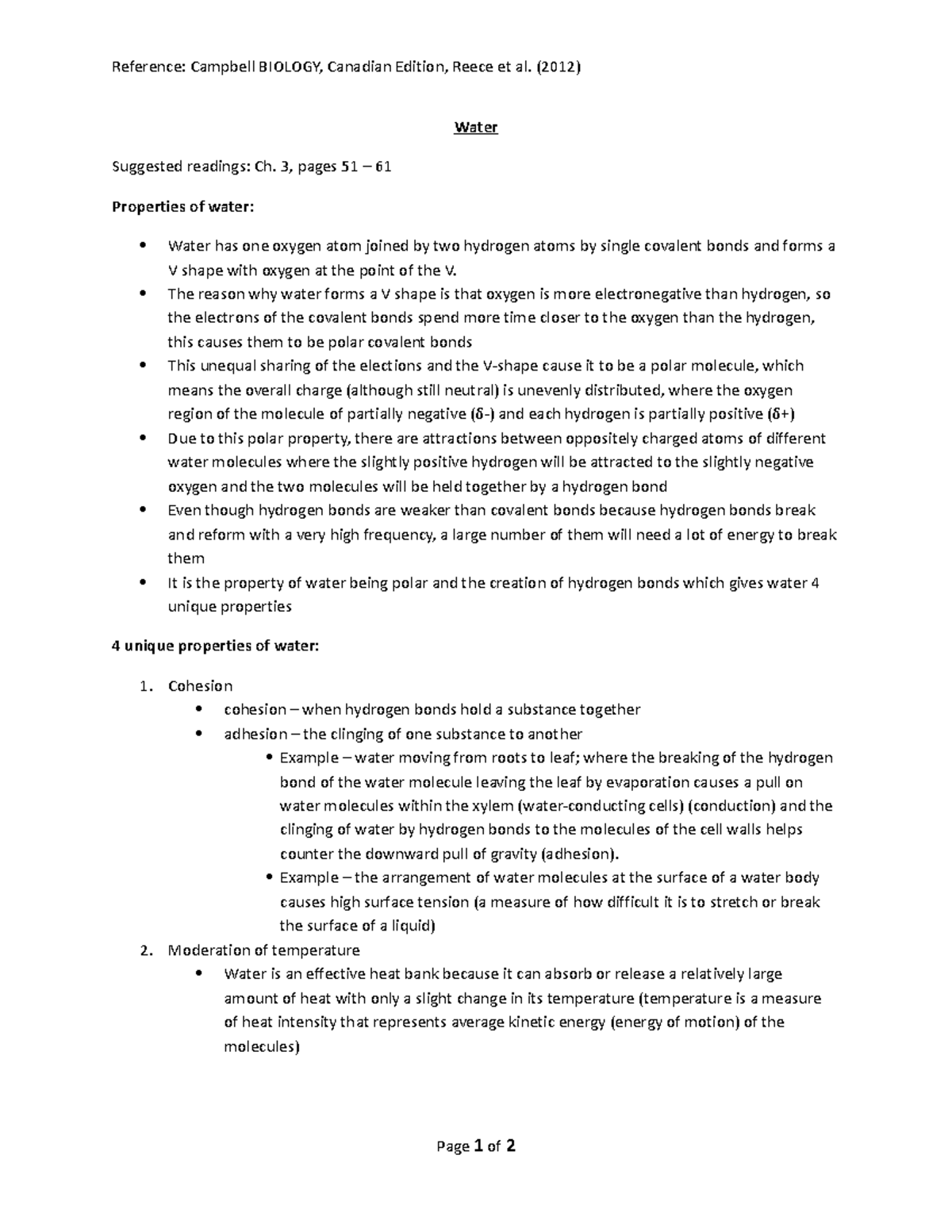 water lecture notes - Reference: Campbell BIOLOGY, Canadian Edition ...