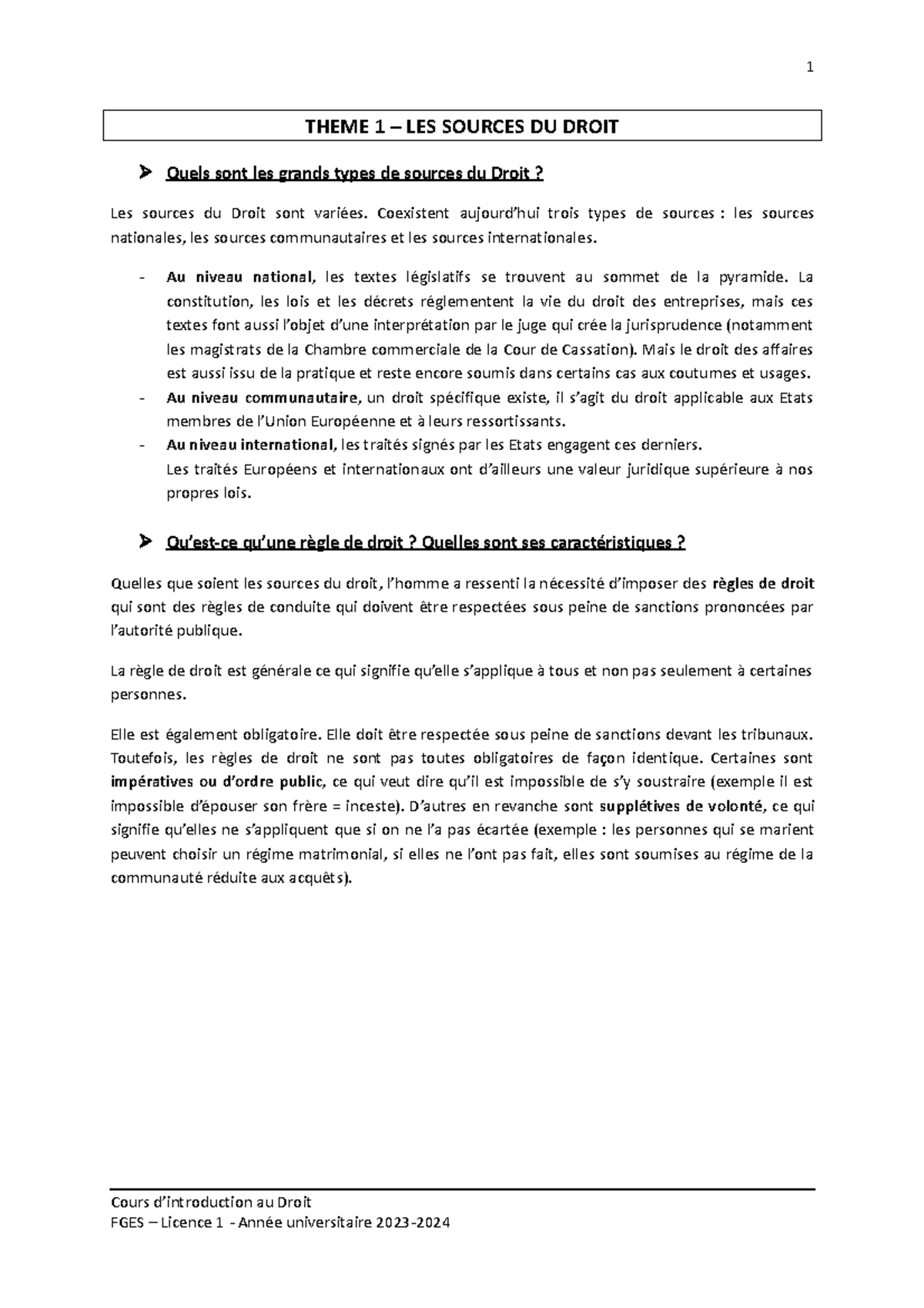 Theme 1 - les sources du droit 2023 - THEME 1 – LES SOURCES DU DROIT ...