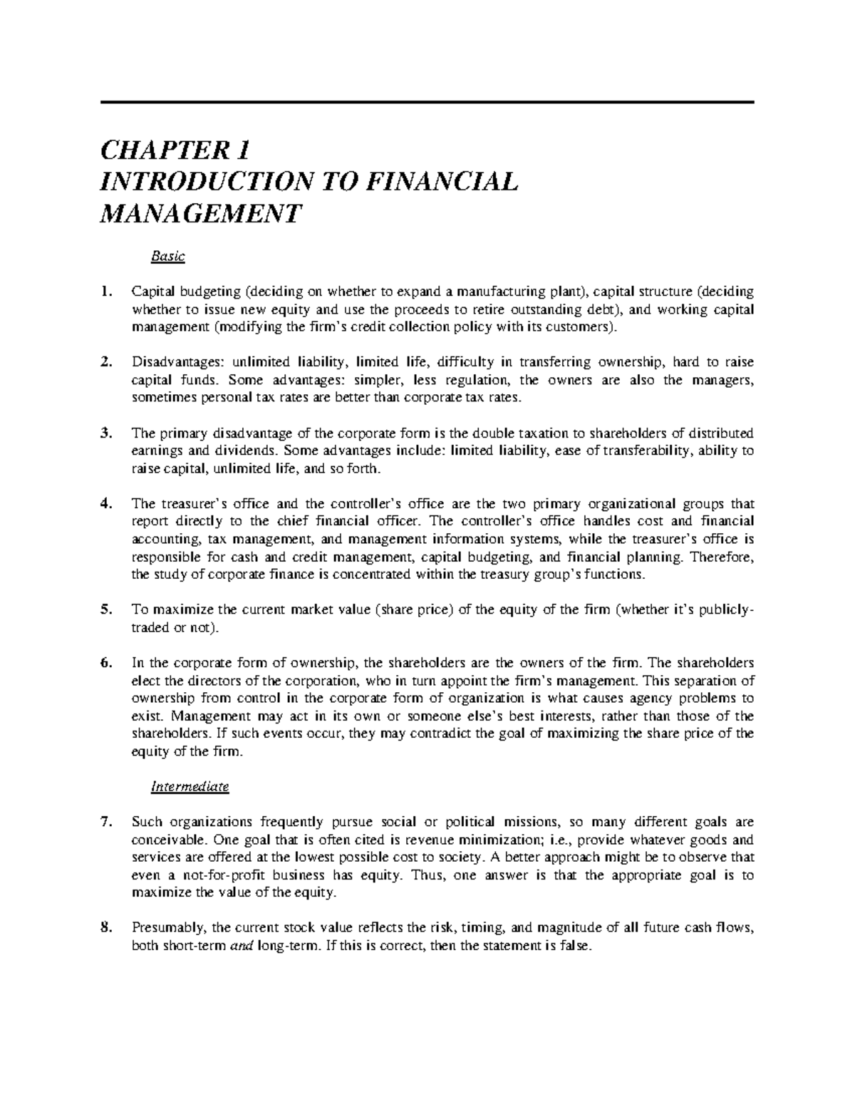 Answerkey - answer key - CHAPTER 1 INTRODUCTION TO FINANCIAL MANAGEMENT ...