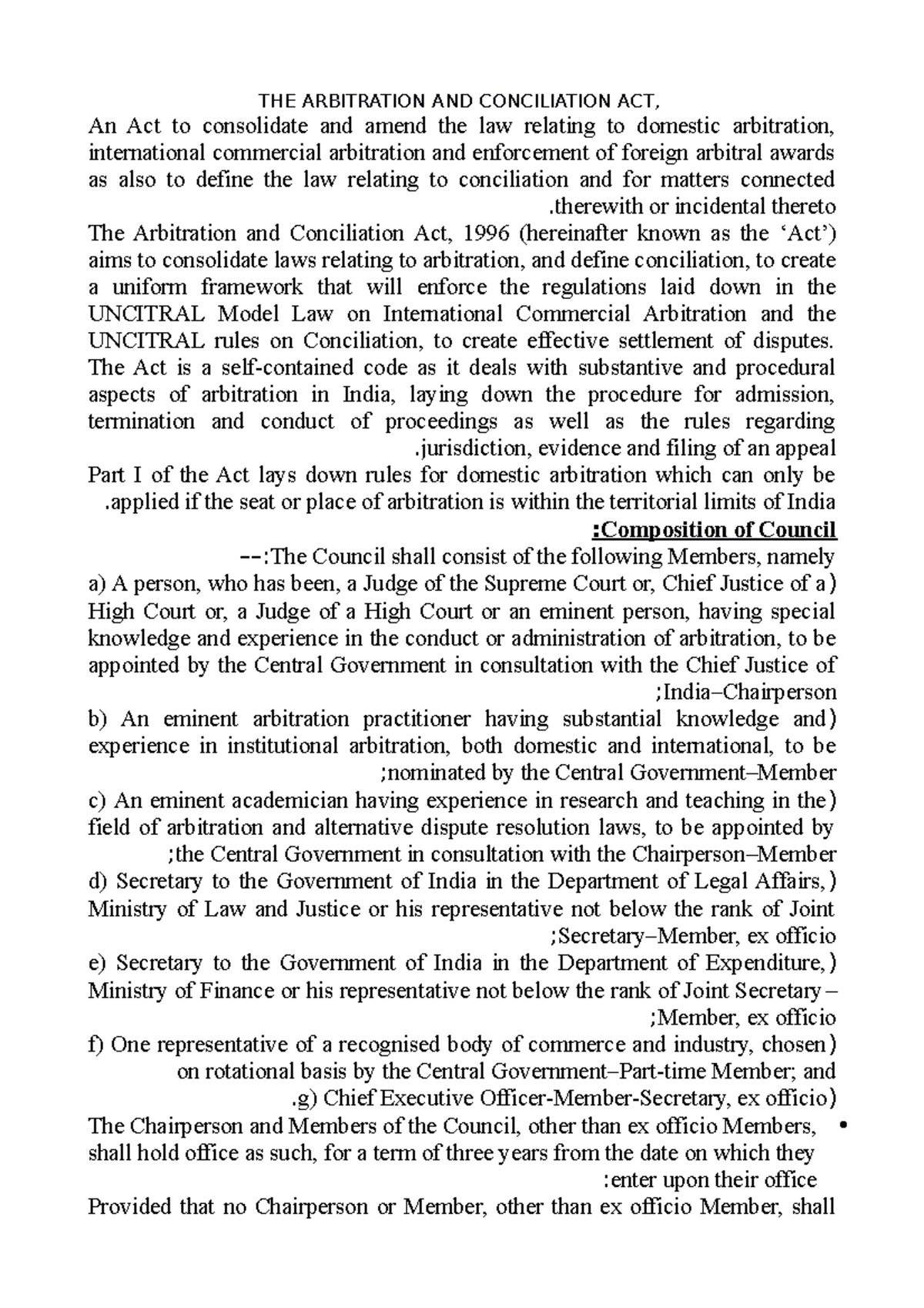 ADR CLASS NOTES - THE ARBITRATION AND CON- CILIATION ACT, An Act to ...