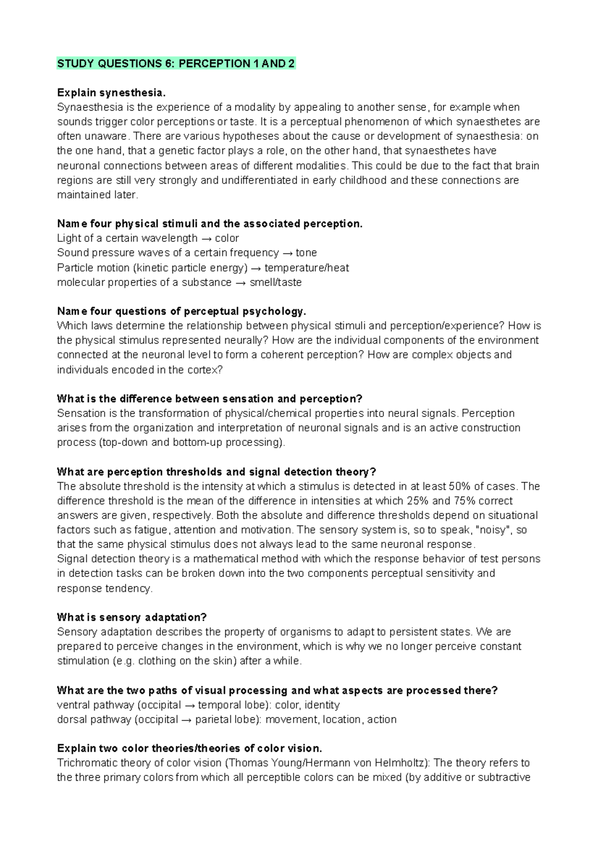 Study questions 6 - Perception - STUDY QUESTIONS 6: PERCEPTION 1 AND 2 ...