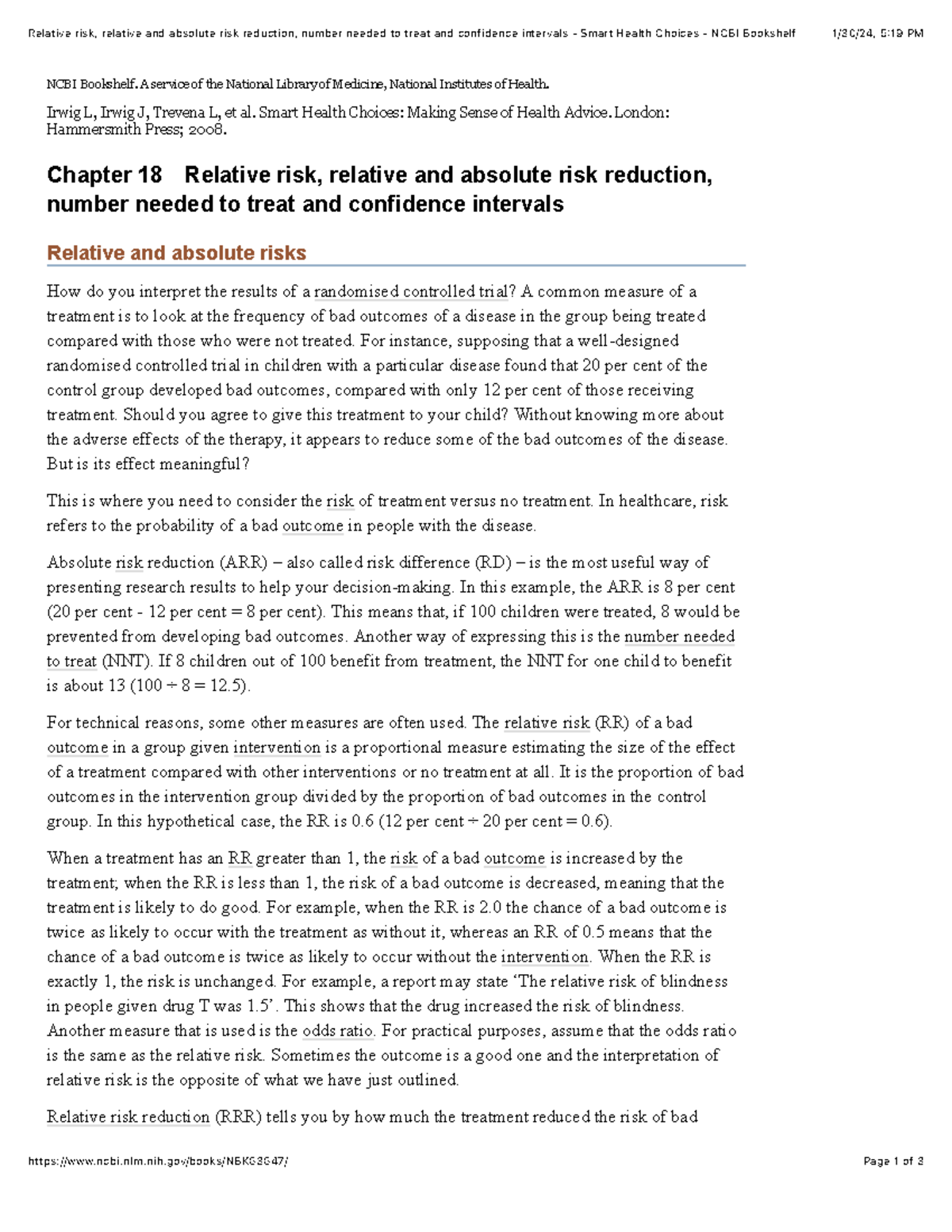 Relative risk, relative and absolute risk reduction, number needed to