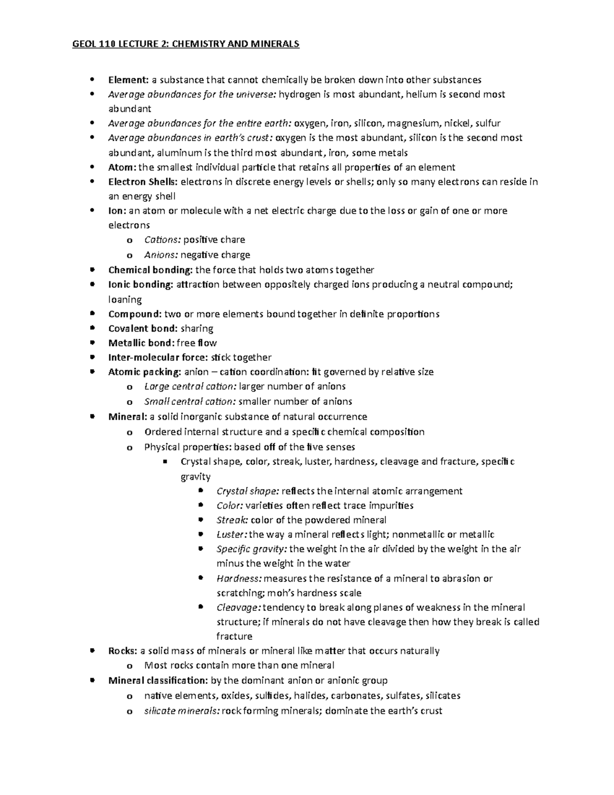 Geology 110 Lecture 2 Chemistry and Minerals - GEOL 110 LECTURE 2 ...