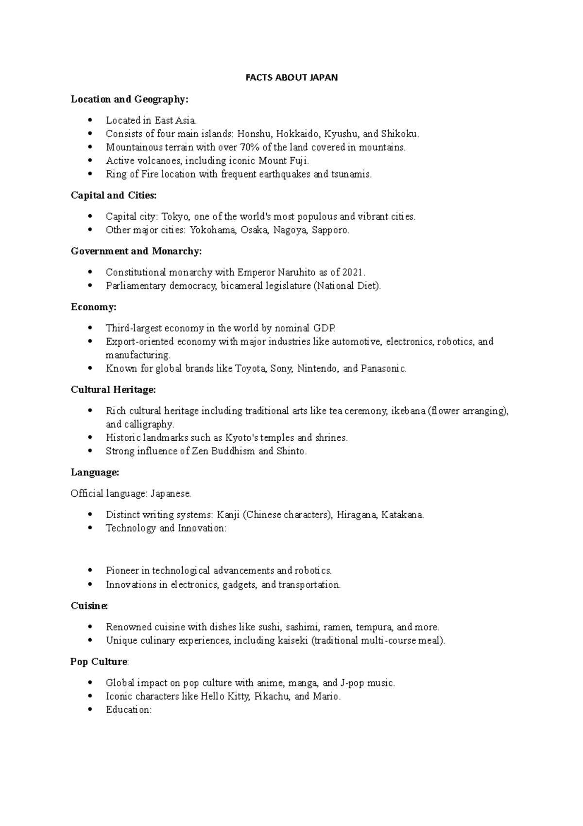 Facts About Japan notes FACTS ABOUT JAPAN Location and Geography