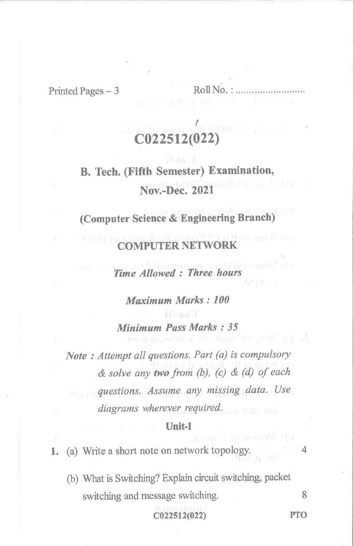 C022512(022) - Question Paper - B.Tech Computer Science And Engineering ...