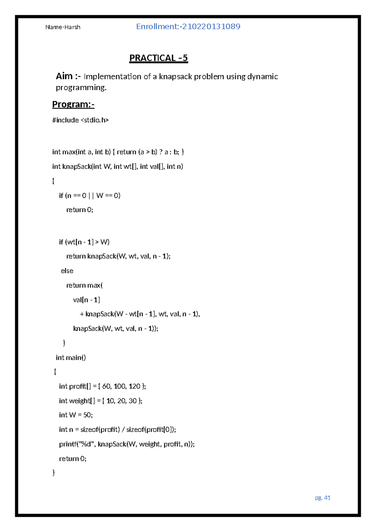 Analysis and Design of Algorithms - PRACTICAL – Aim :- Implementation ...