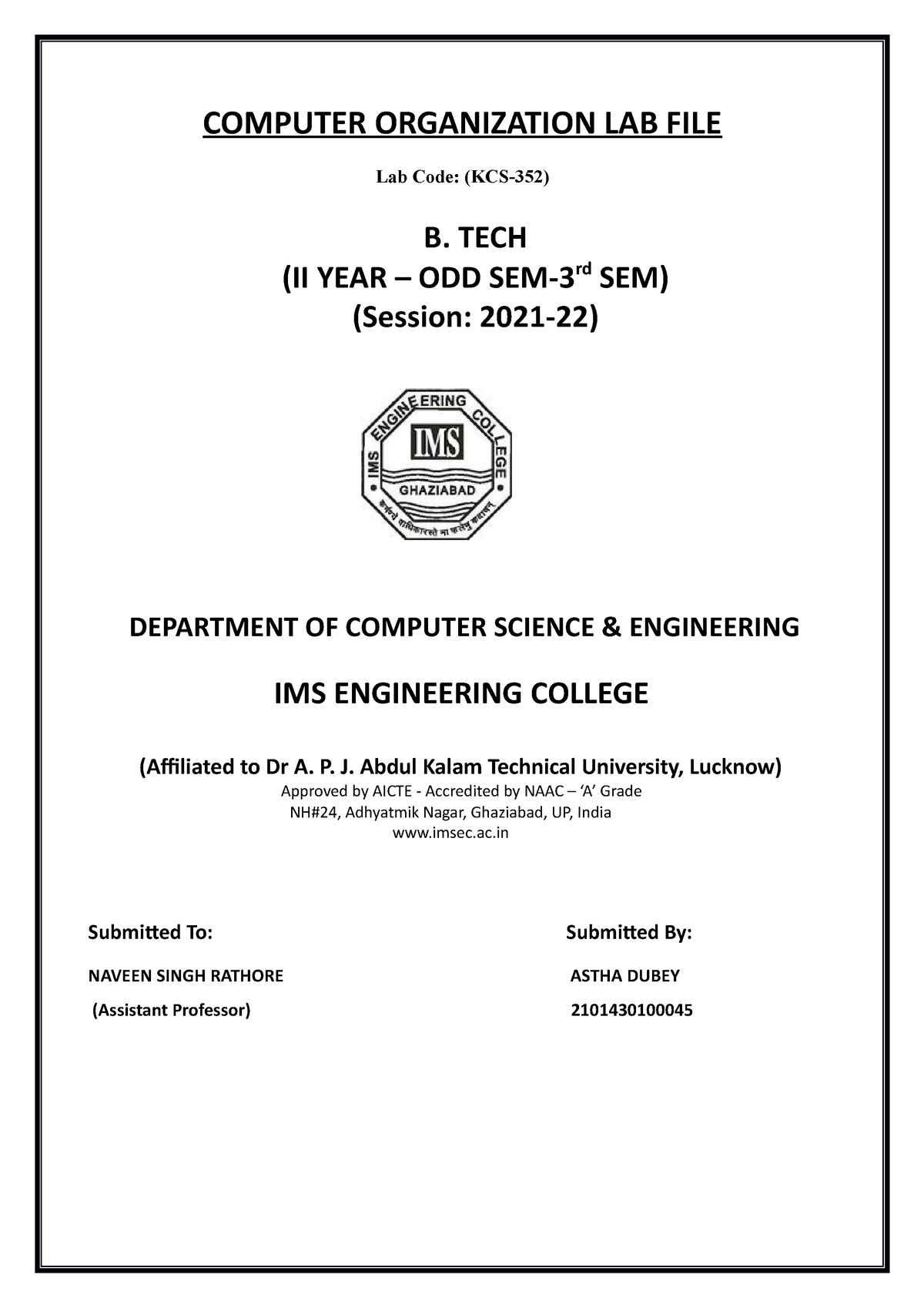 Lab Manualby Aktu - COMPUTER ORGANIZATION LAB FILE Lab Code: (KCS-352 ...