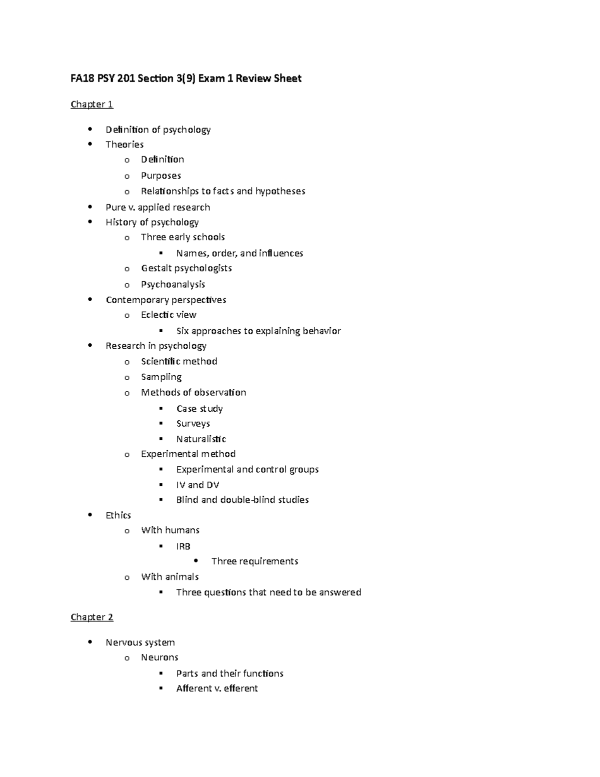 Exam 1 Review Sheet - Exam study guide for the first test - FA18 PSY ...