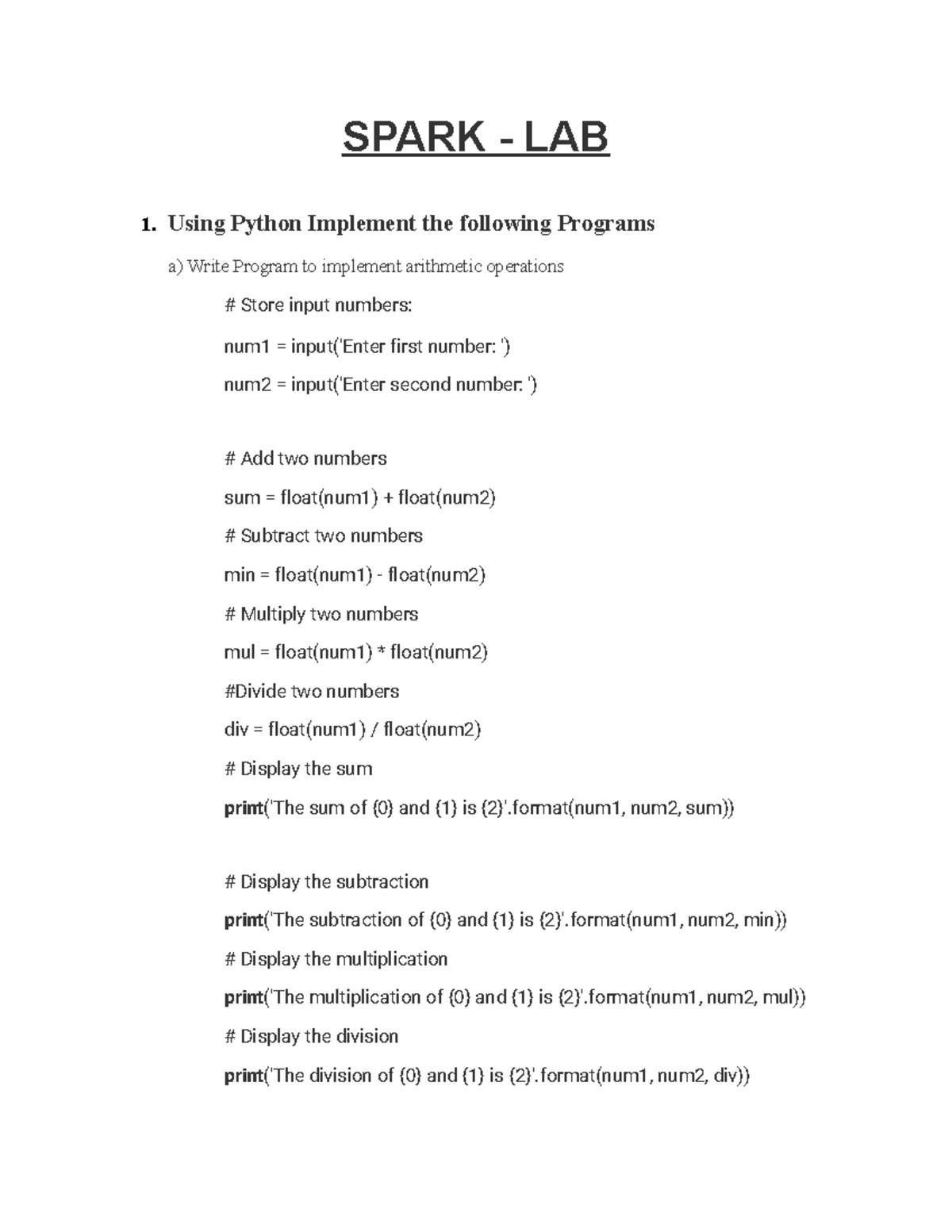 4th sem - DS - Spark - SPARK - LAB Using Python Implement the following ...