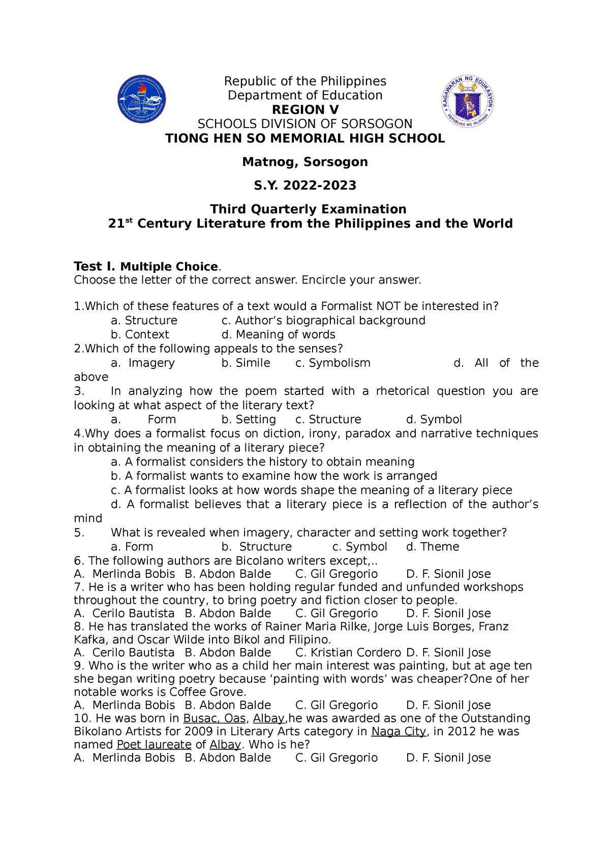 3rd Q Exam 21st Century G11 - Republic Of The Philippines Department Of ...