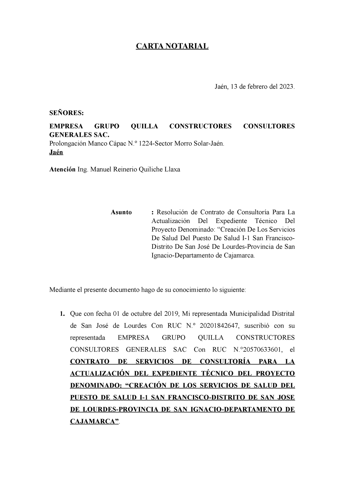 Carta Notarial Mdsjl 1 Resolucion De Contrato Carta Notarial Jaén 13 De Febrero Del 2023 4912