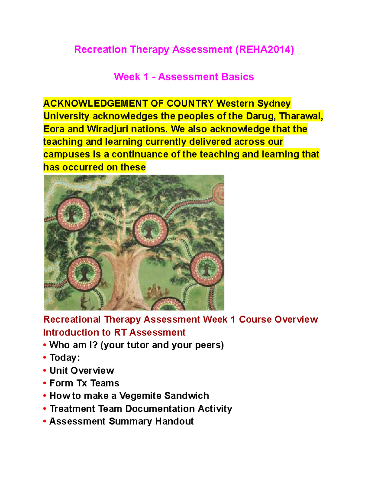 Recreational Therapy Assessment Notes Recreation Therapy Assessment Reha2014 Week 1