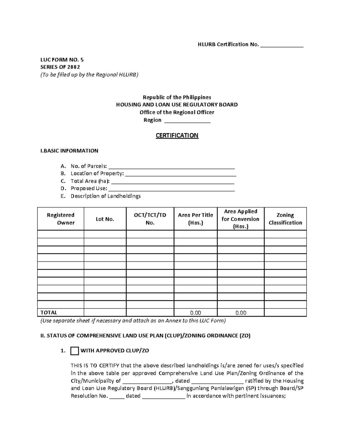 DAR+-+LUC+FORM+NO - Training Materials - HLURB Certification No ...