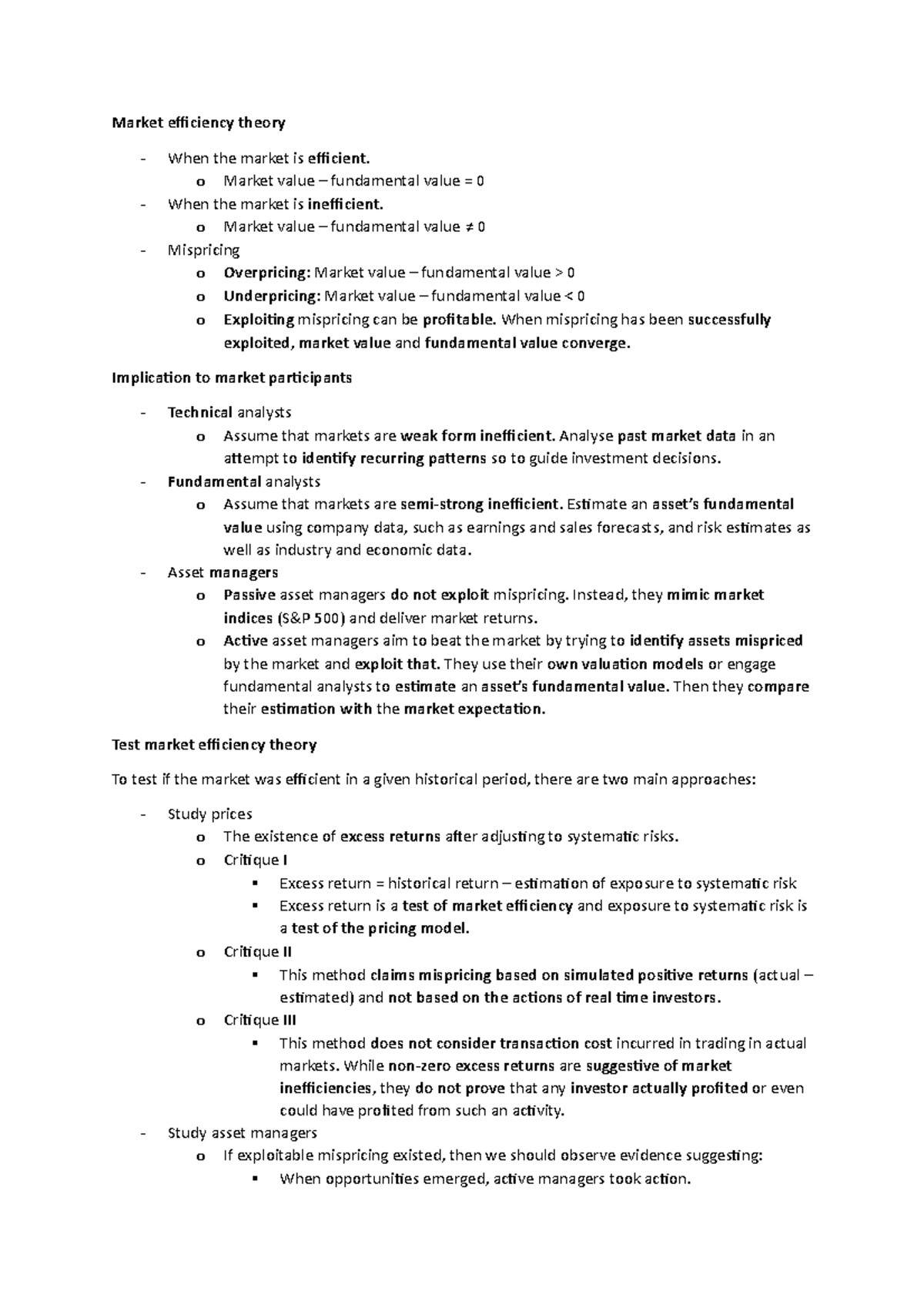 Week 4 - Market Efficiency (Part B) - Market efficiency theory When the ...