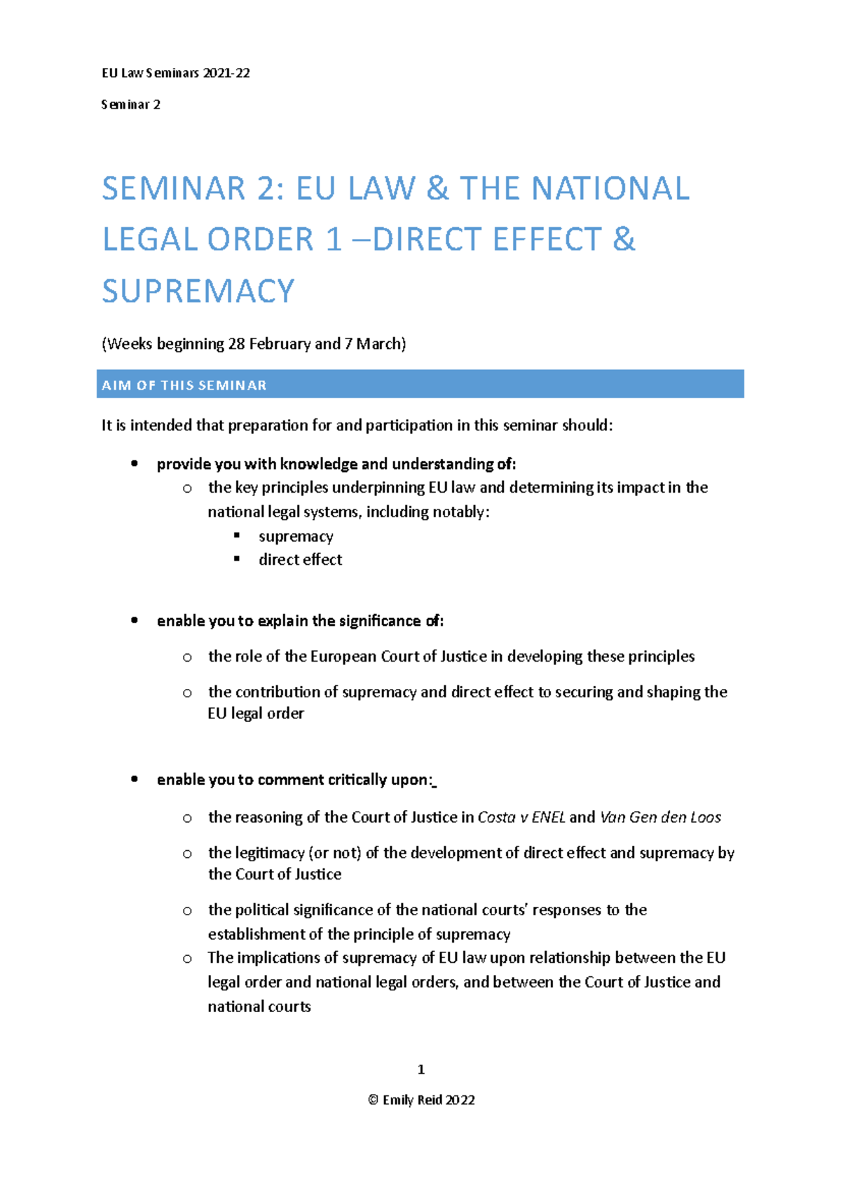 Tutorial 2 EU Law & the National Legal System 1 Supremacy and Direct ...