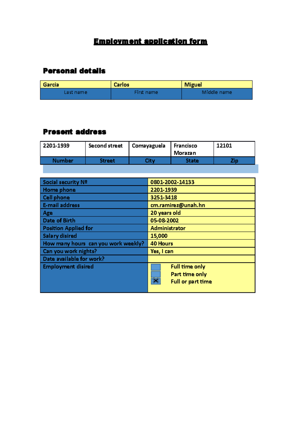 Job application form, ingles tecnico Employment application form