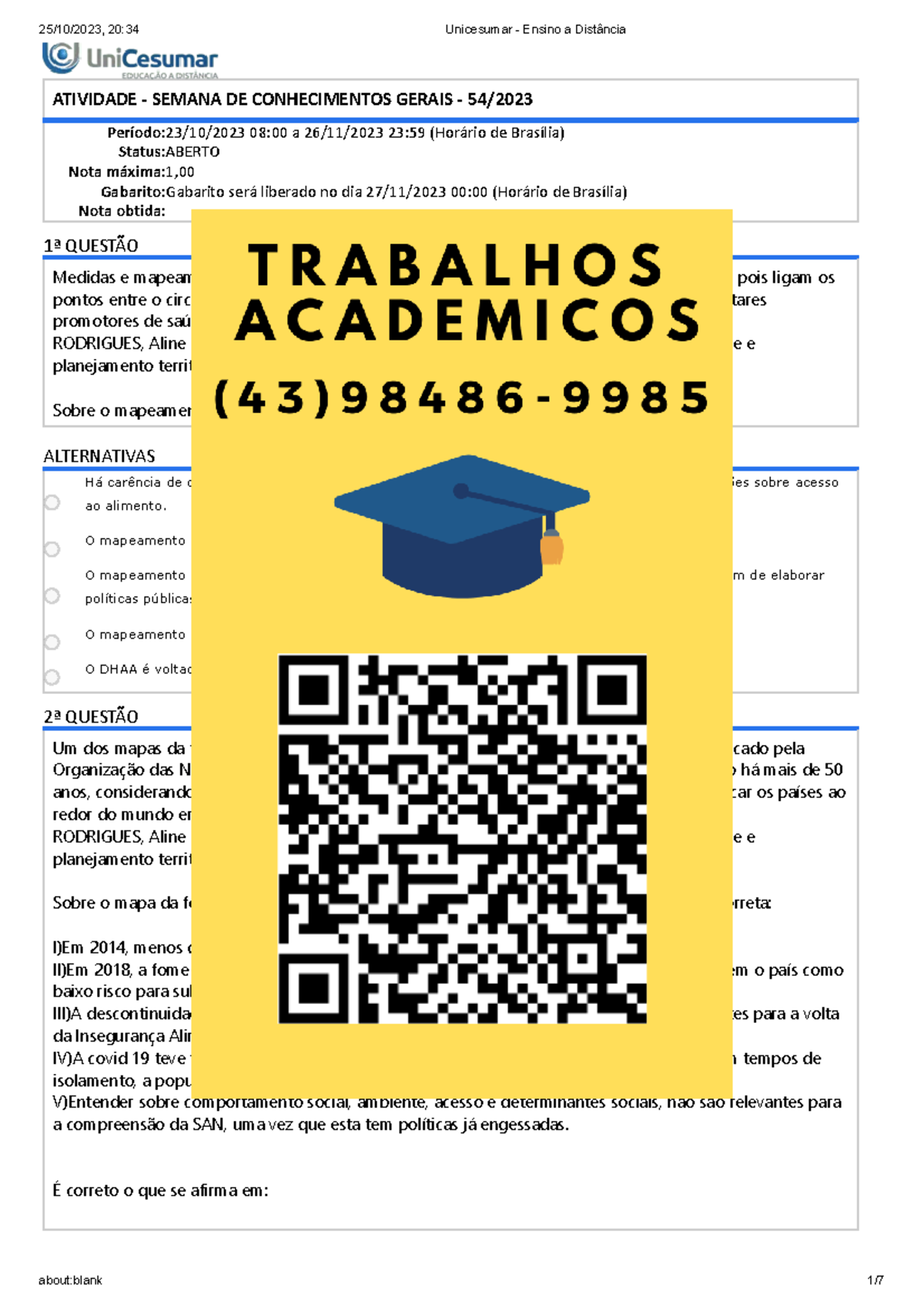 ATIVIDADE - SEMANA DE CONHECIMENTOS GERAIS - 51/2022, Exámenes  Planificación y Gestión de la Educación