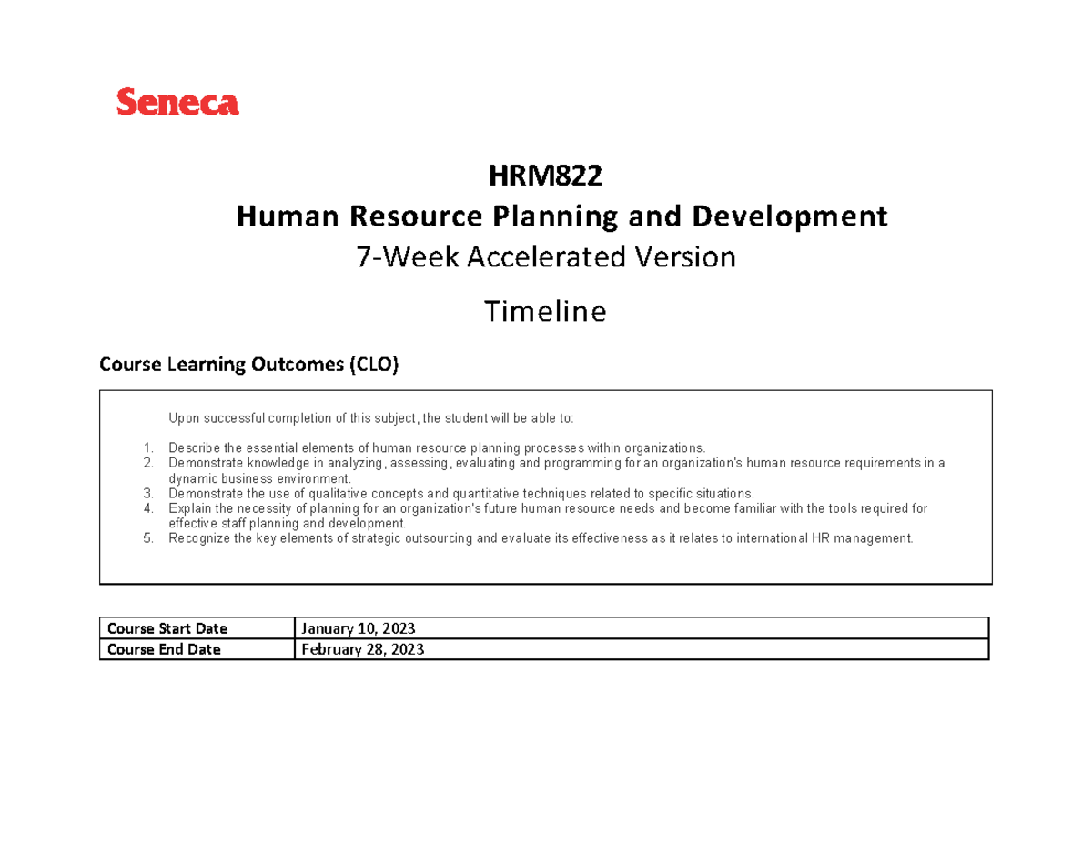 HRM822 Course Timeline - HRM Human Resource Planning and Development 7 ...