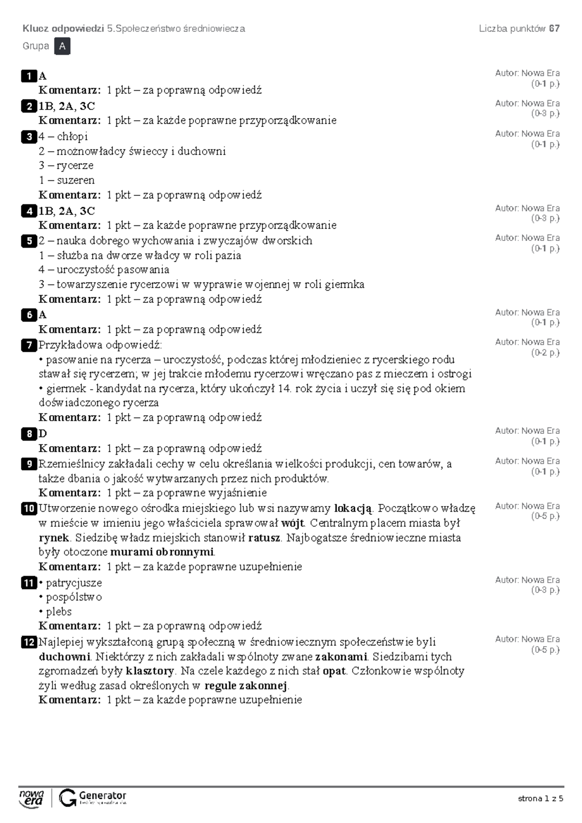 5.Społeczeństwo średniowiecza Klucz odpowiedzi - Klucz odpowiedzi