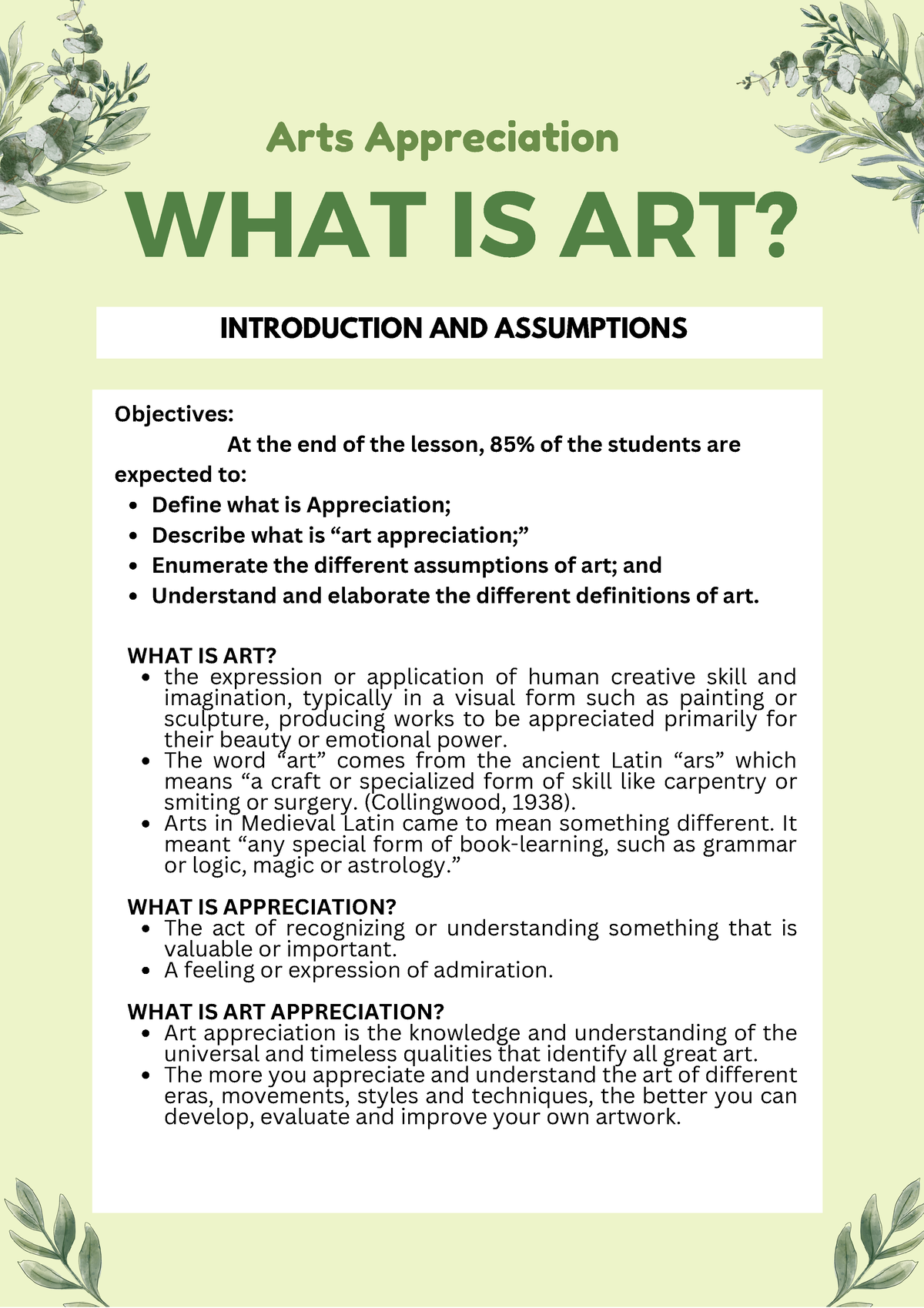 Arts Appreciation Lesson 1 Handouts - Arts Appreciation WHAT IS ART ...