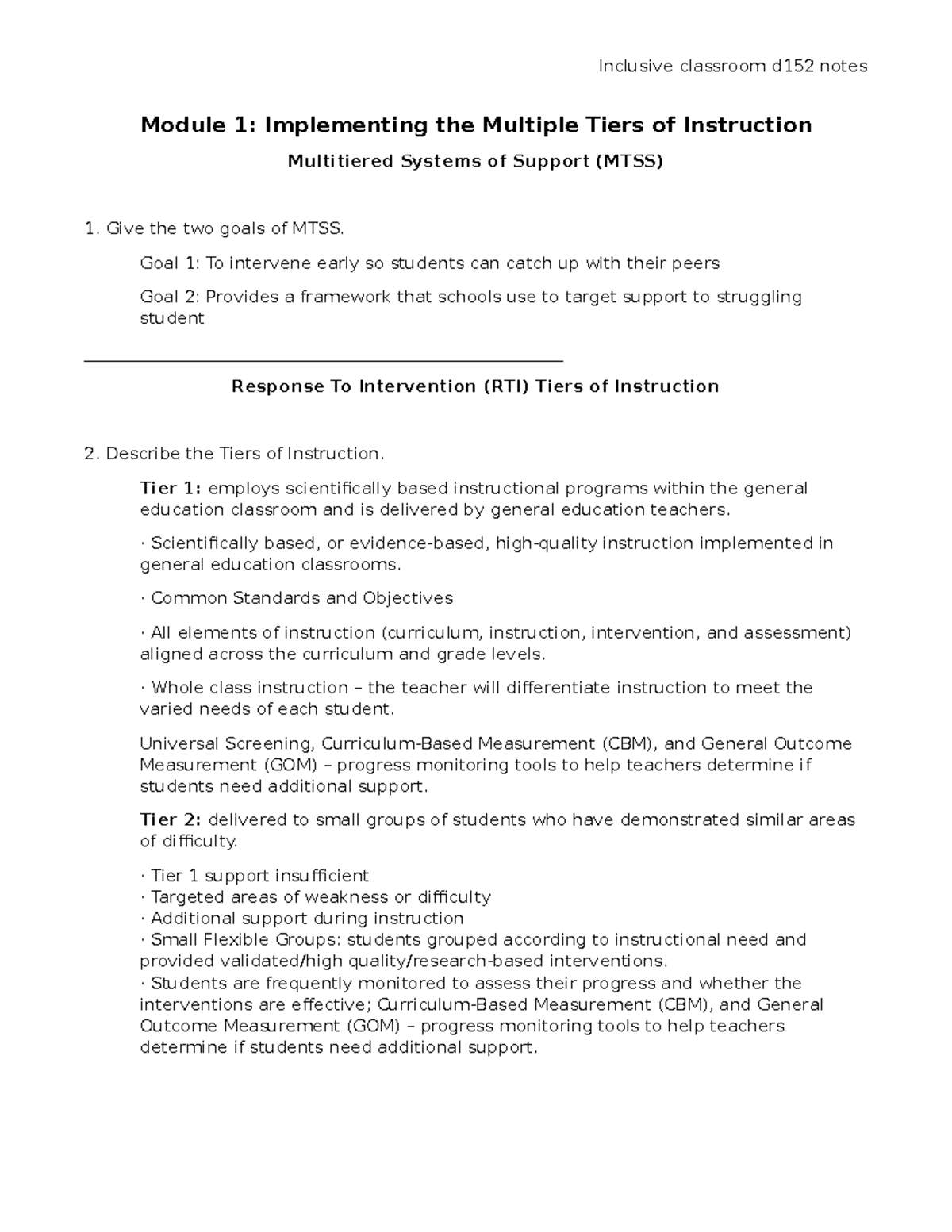 D152 notes - Module 1: Implementing the Multiple Tiers of Instruction ...