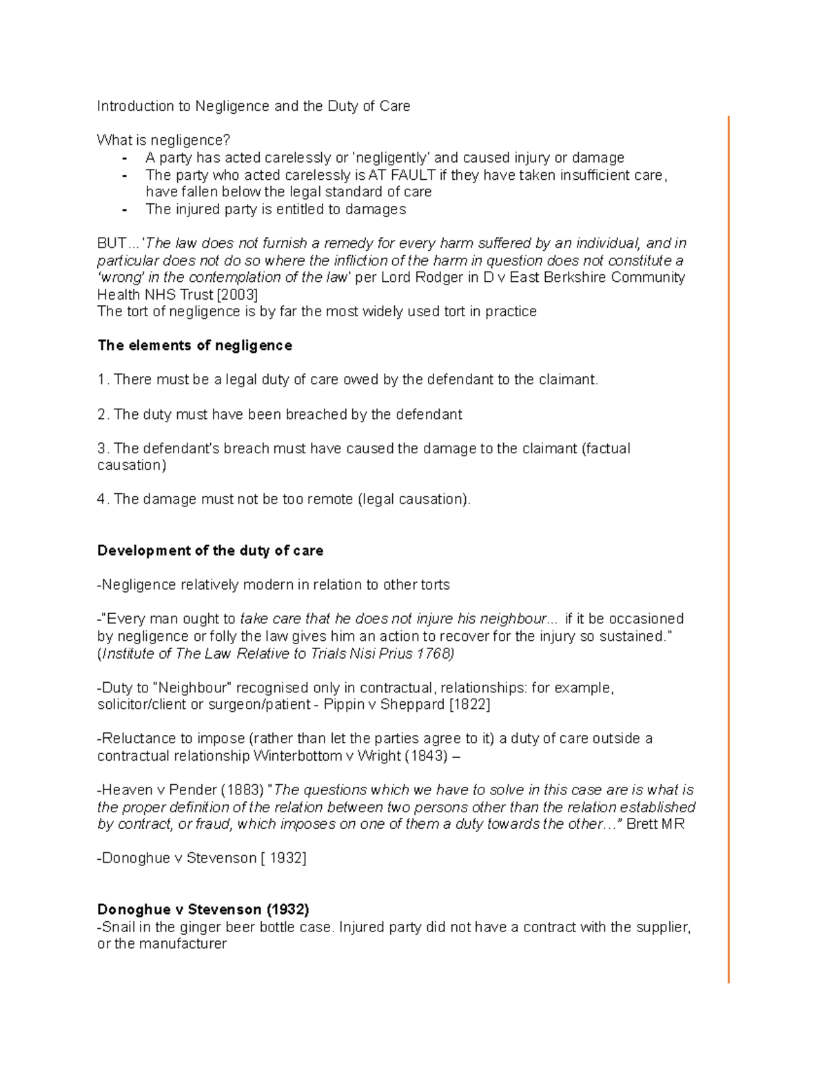 Introduction to Negligence and the Duty of Care - ..‘ The law does not ...