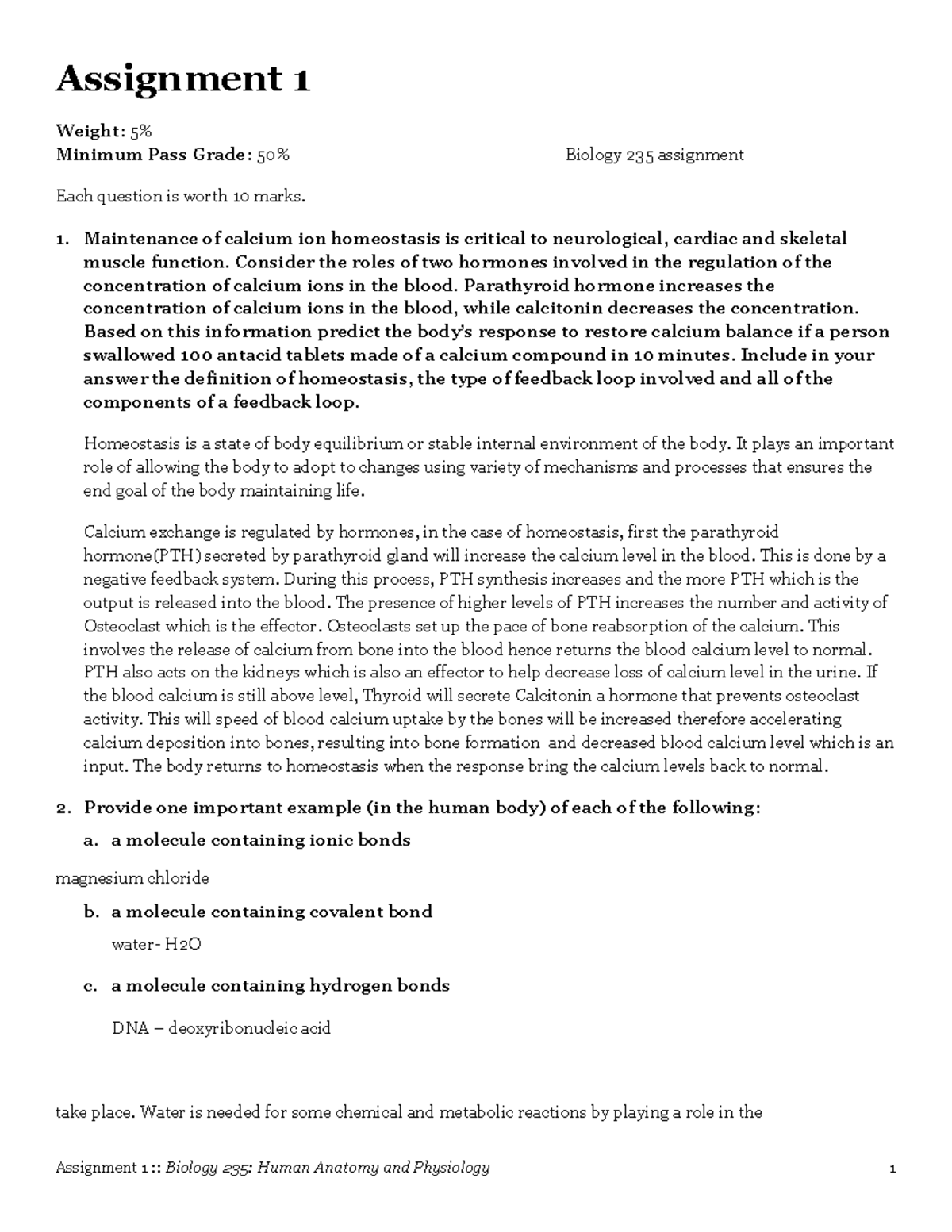 Bio Assignment 1 Assignment 1 Weight 5 Minimum Pass Grade 50 Biology 235 Assignment Each