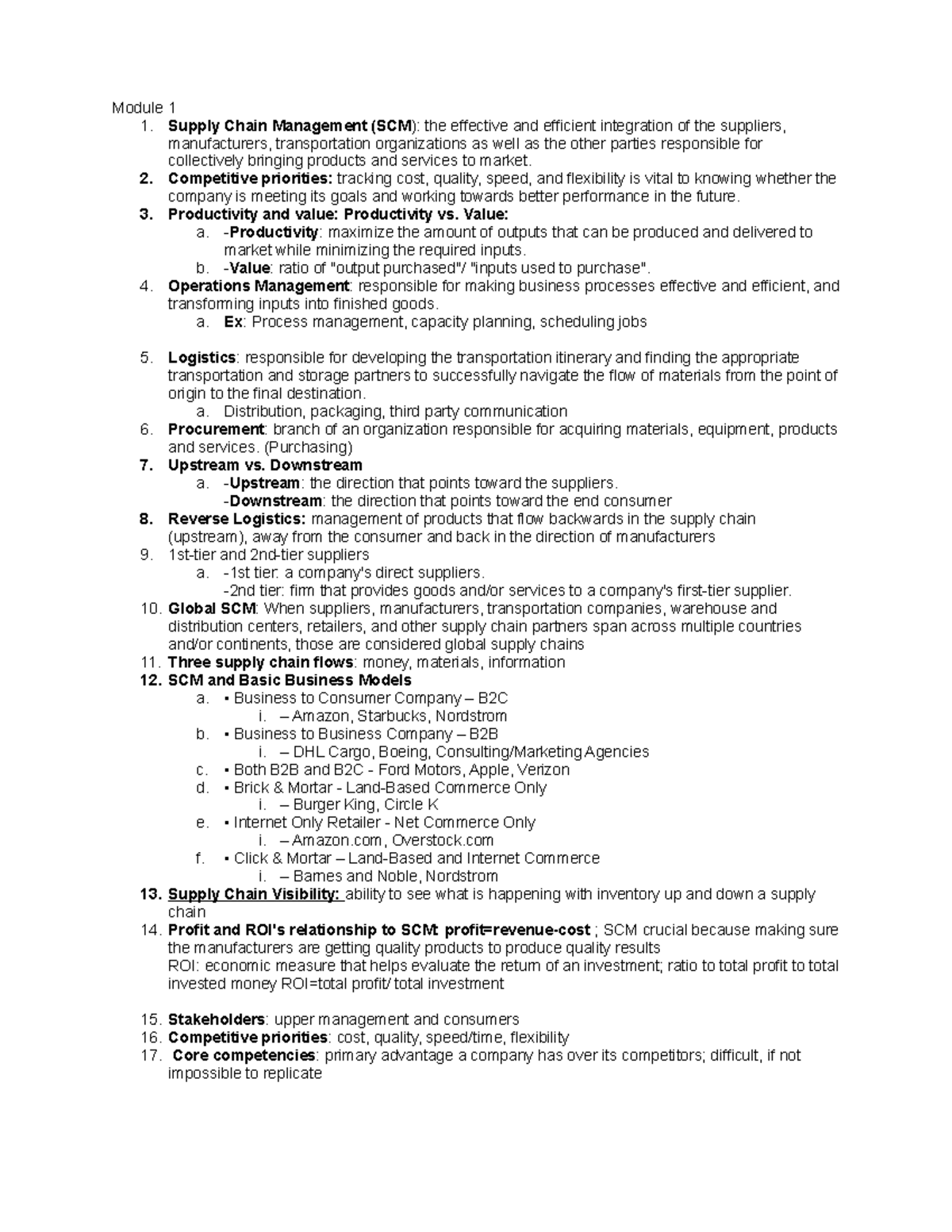 SCM 300 Exam1 - Study Guide - Module 1 1. Supply Chain Management (SCM ...