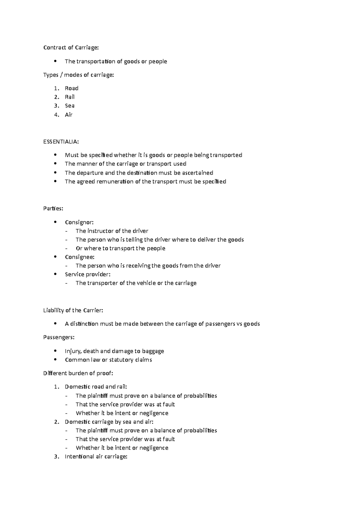 Contract Of Carriage Study Notes - Contract Of Carriage: The 