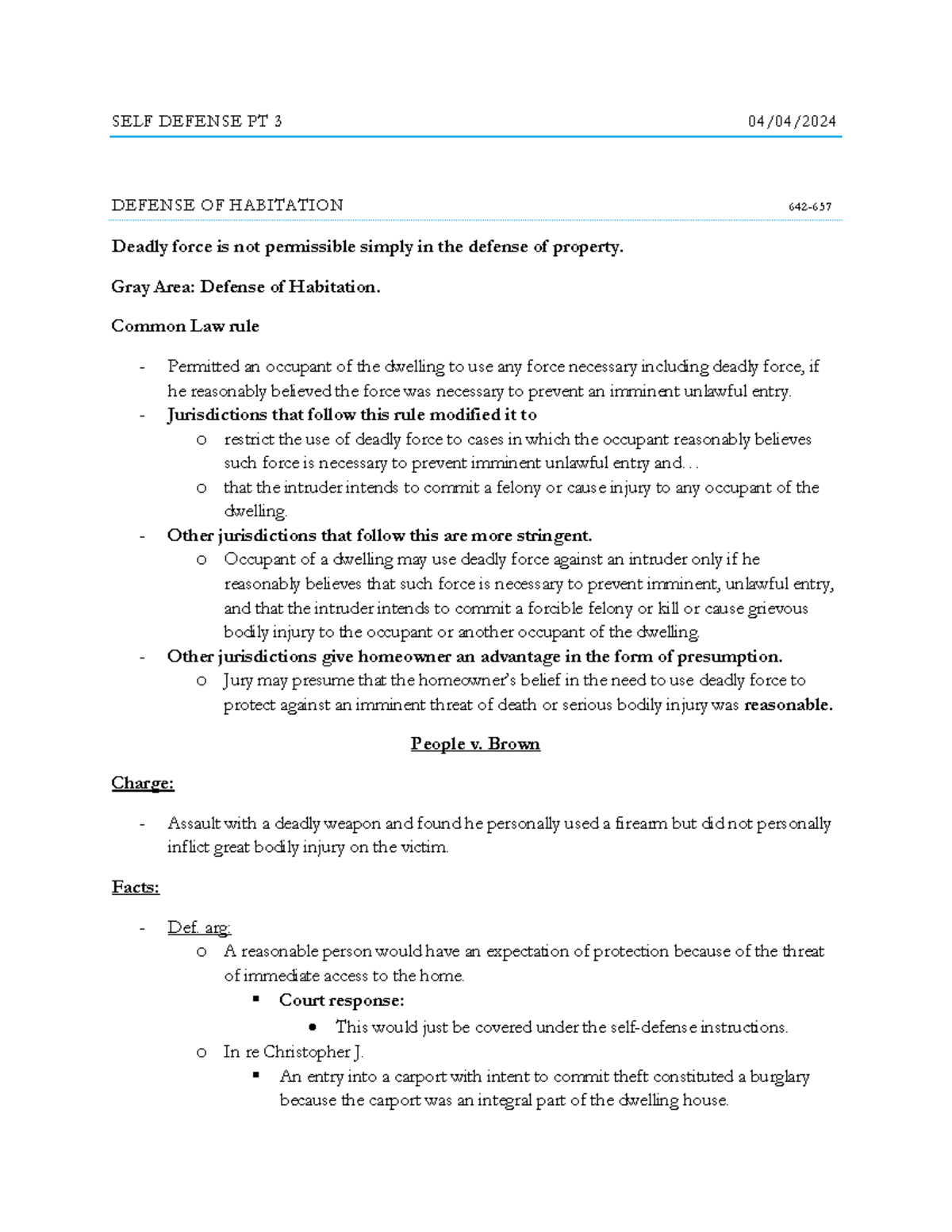 A4 Crim - Lecture Notes - SELF DEFENSE PT 3 04 / 04 / DEFENSE OF ...