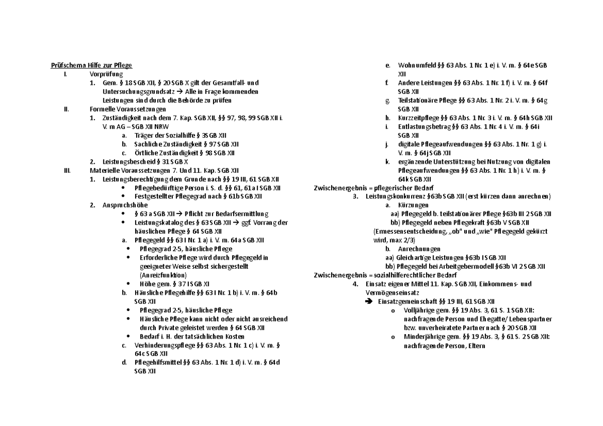 Sozialrecht Zsmfassung - Prüfschema Hilfe Zur Pflege I. Vorprüfung 1 ...