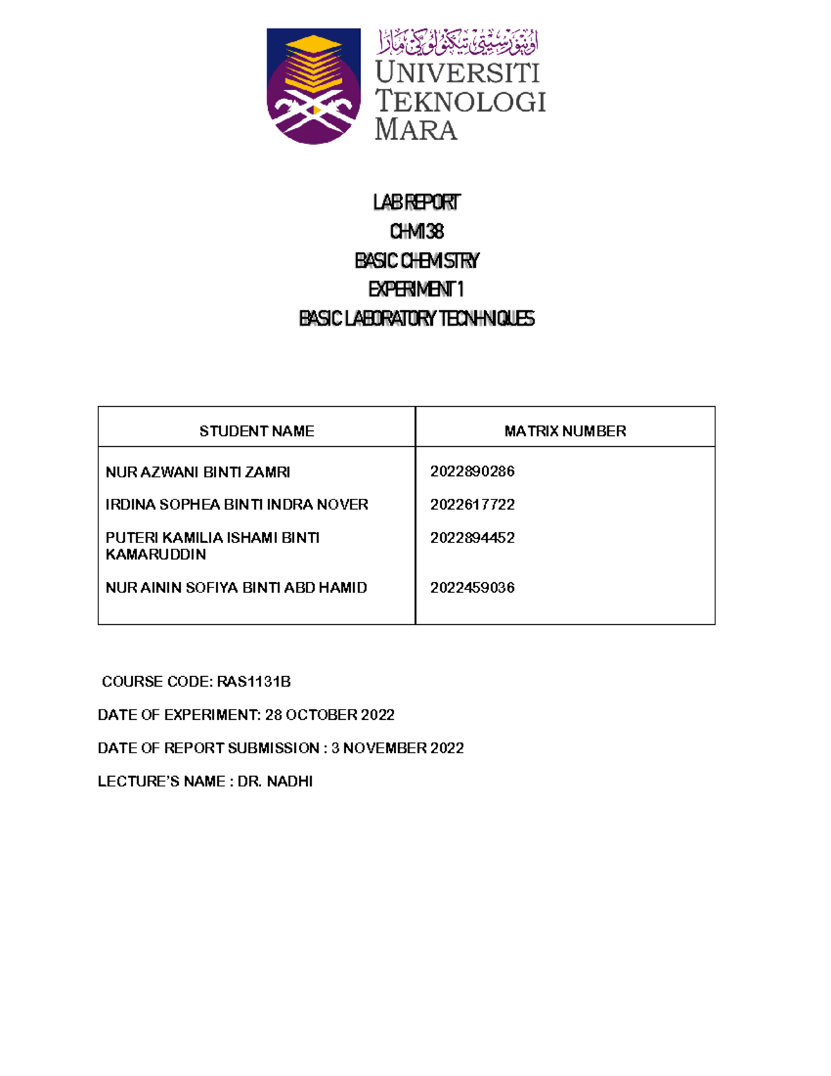 LAB Report CHM138 - LABREPORT CHM 138 BASICCHEMISTRY EXPERIMENT 1 ...