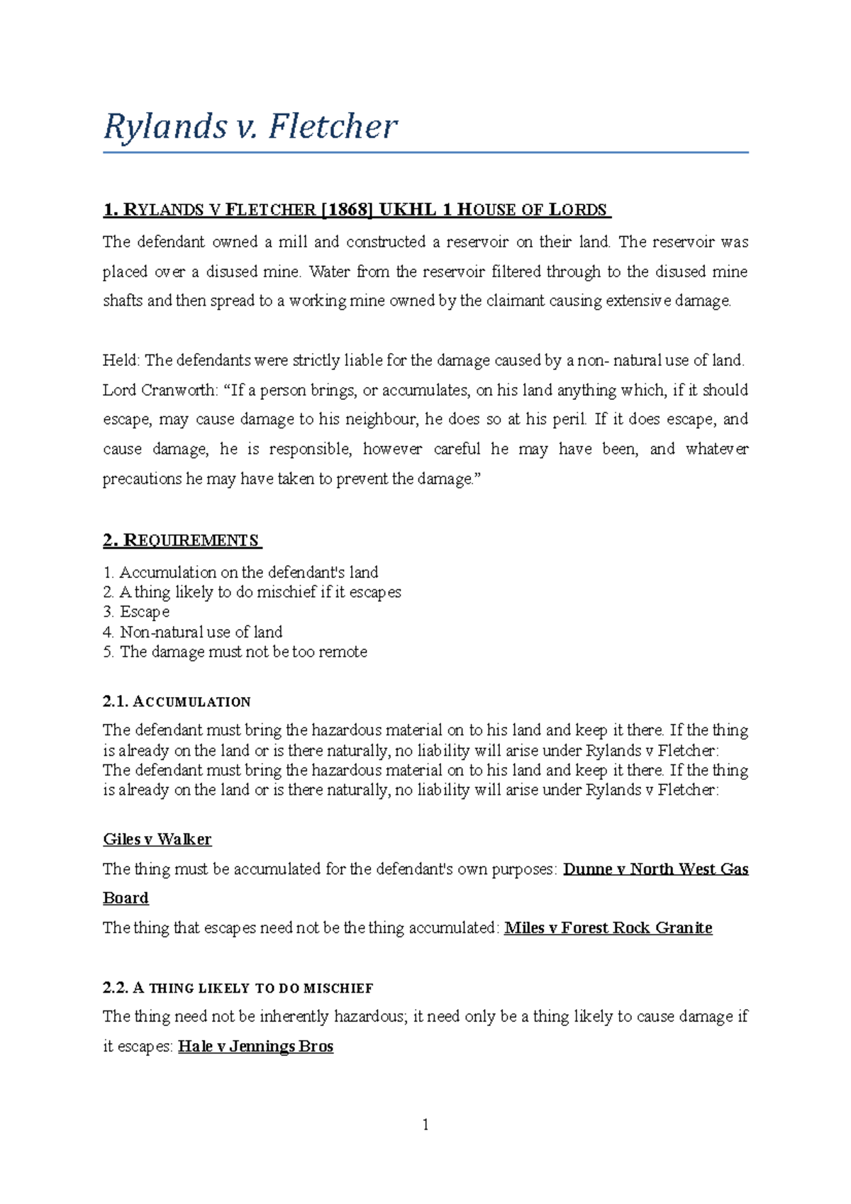 7.3 rylands v. fletcher - Copy - Rylands v. Fletcher 1. RYLANDS V ...