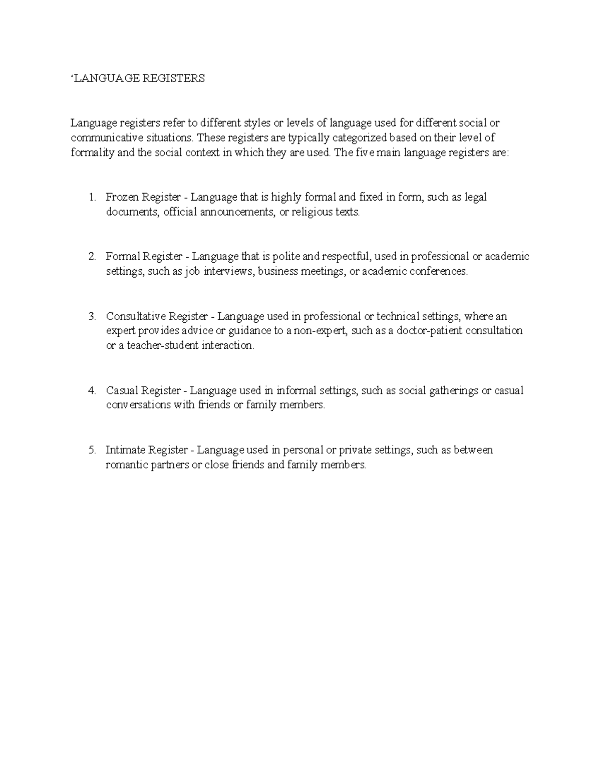 Language Registers abstraction and activities ‘LANGUAGE REGISTERS