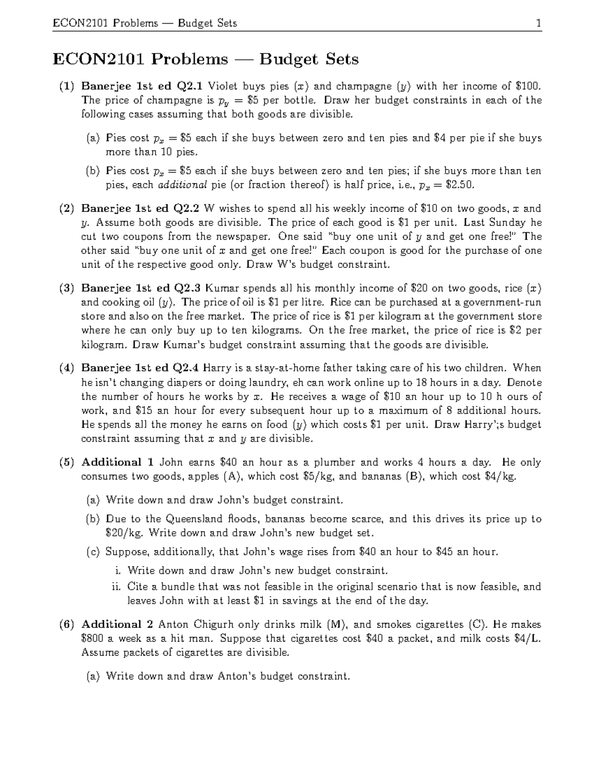 PROB 01 Budget Sets Problems - ECON2101 Problems — Budget Sets (1 ...
