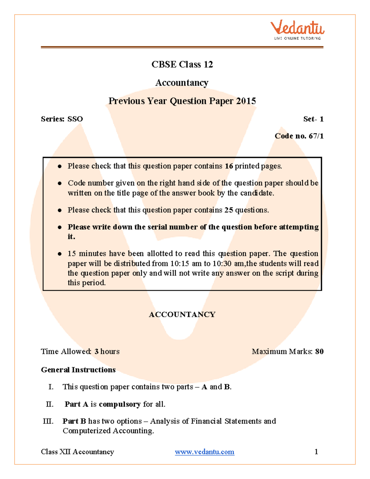 CBSE Class 12 Accountancy Question Paper 2015 with Solutions - CBSE ...