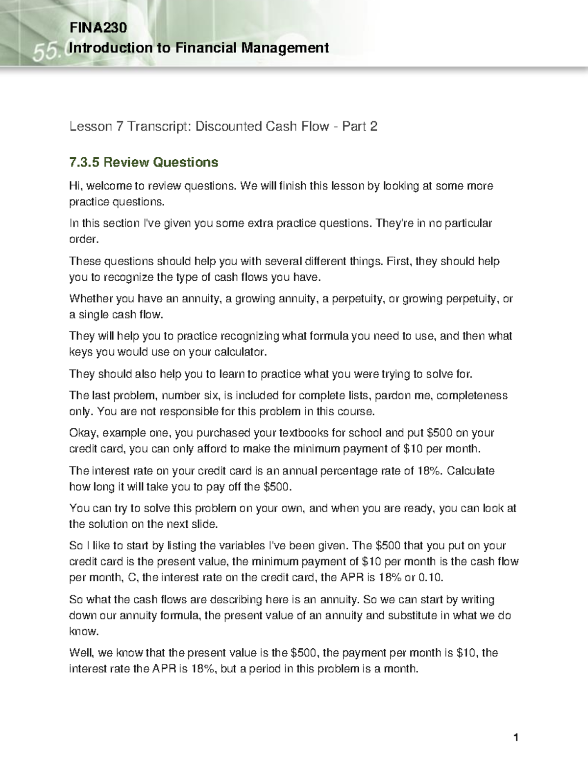 FINA230 Lesson 07 03 05 transcript - Introduction to Financial ...