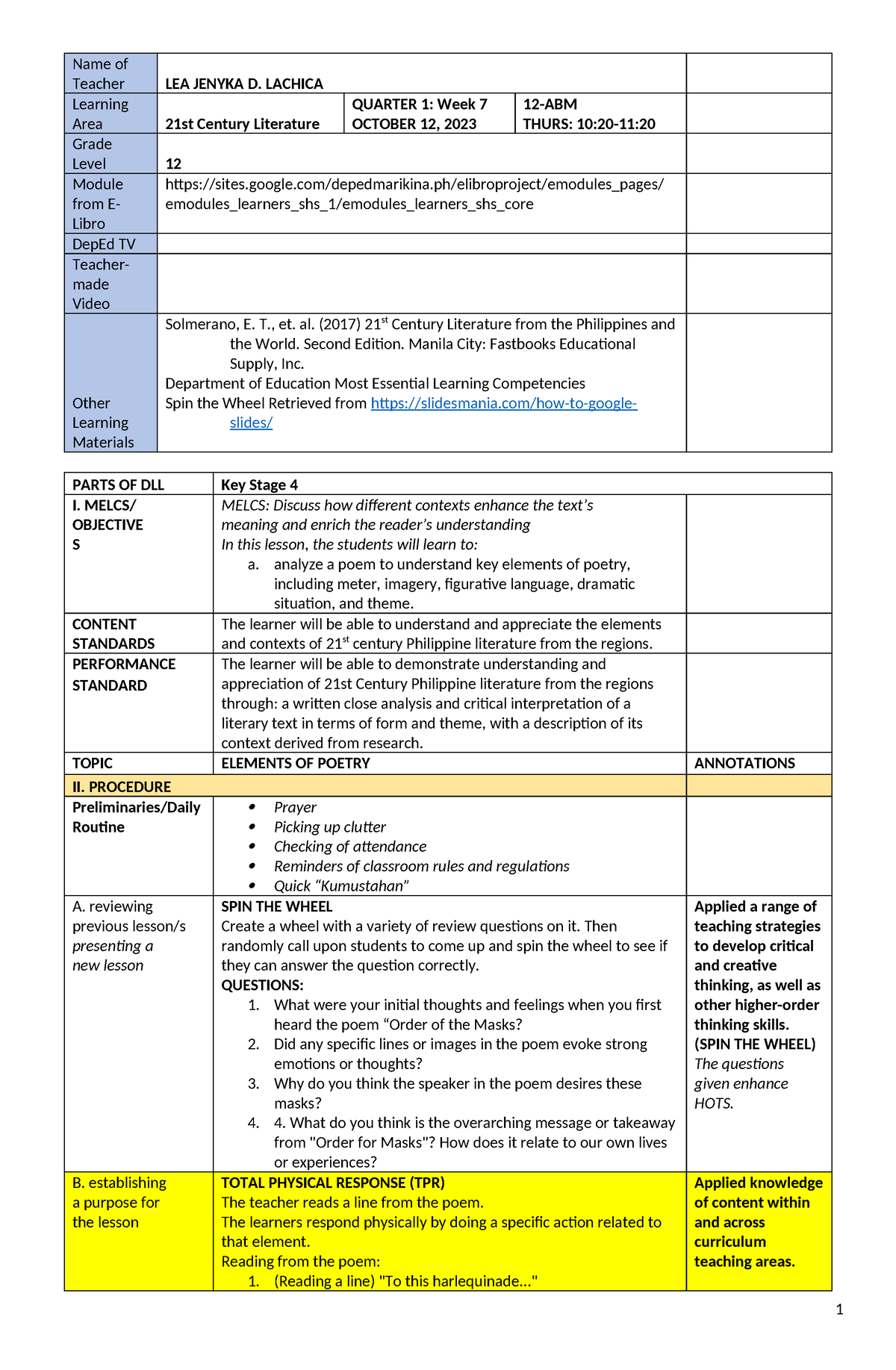 Daily Lesson Log - Name of Teacher LEA JENYKA D. LACHICA Learning Area ...