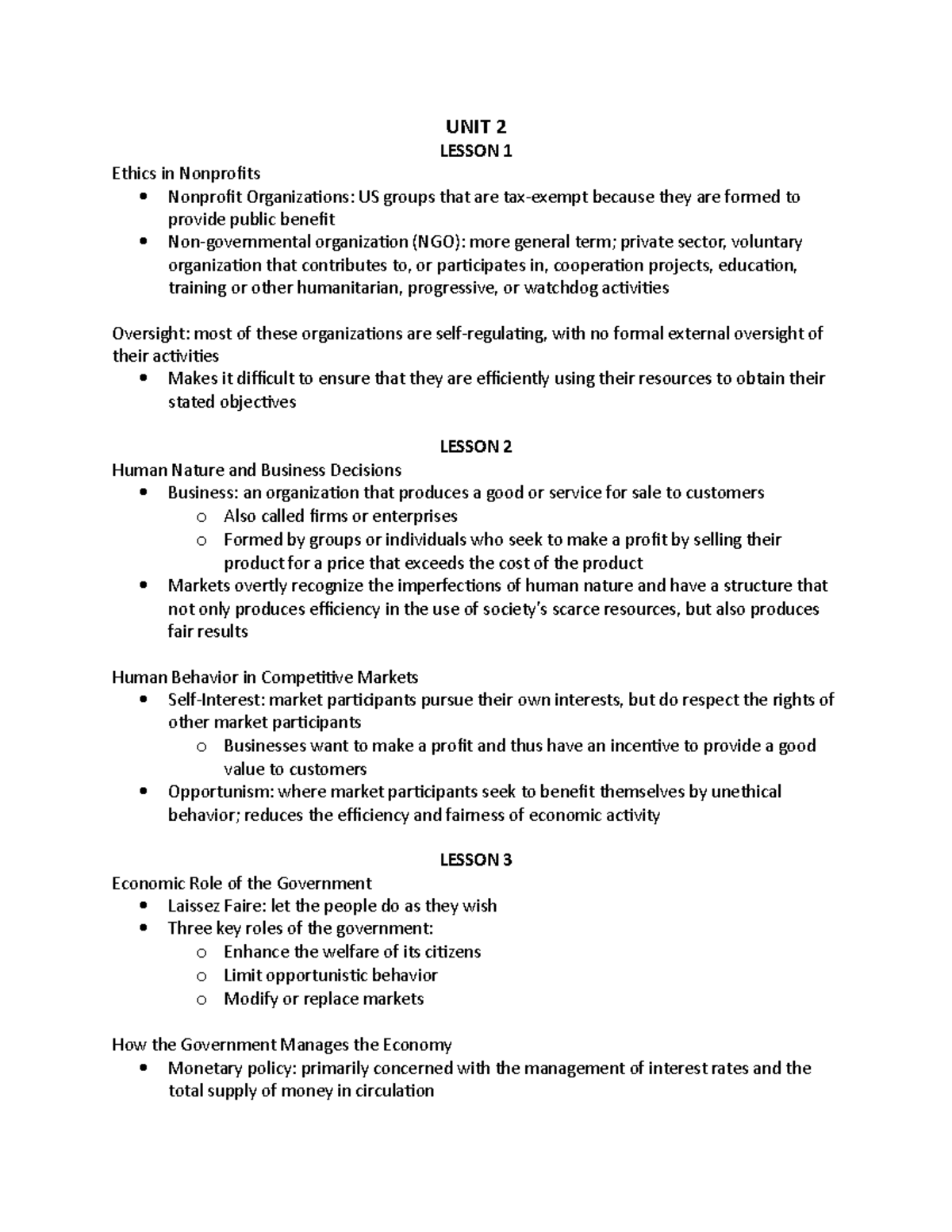 Unit 2 - Lecture notes 2 - UNIT 2 LESSON 1 Ethics in Nonprofits ...