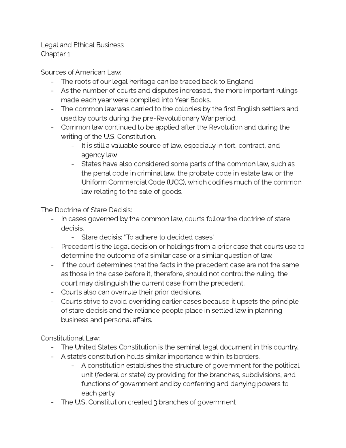 Legal and Ethical Business Chapter 1 Notes Legal and Ethical Business