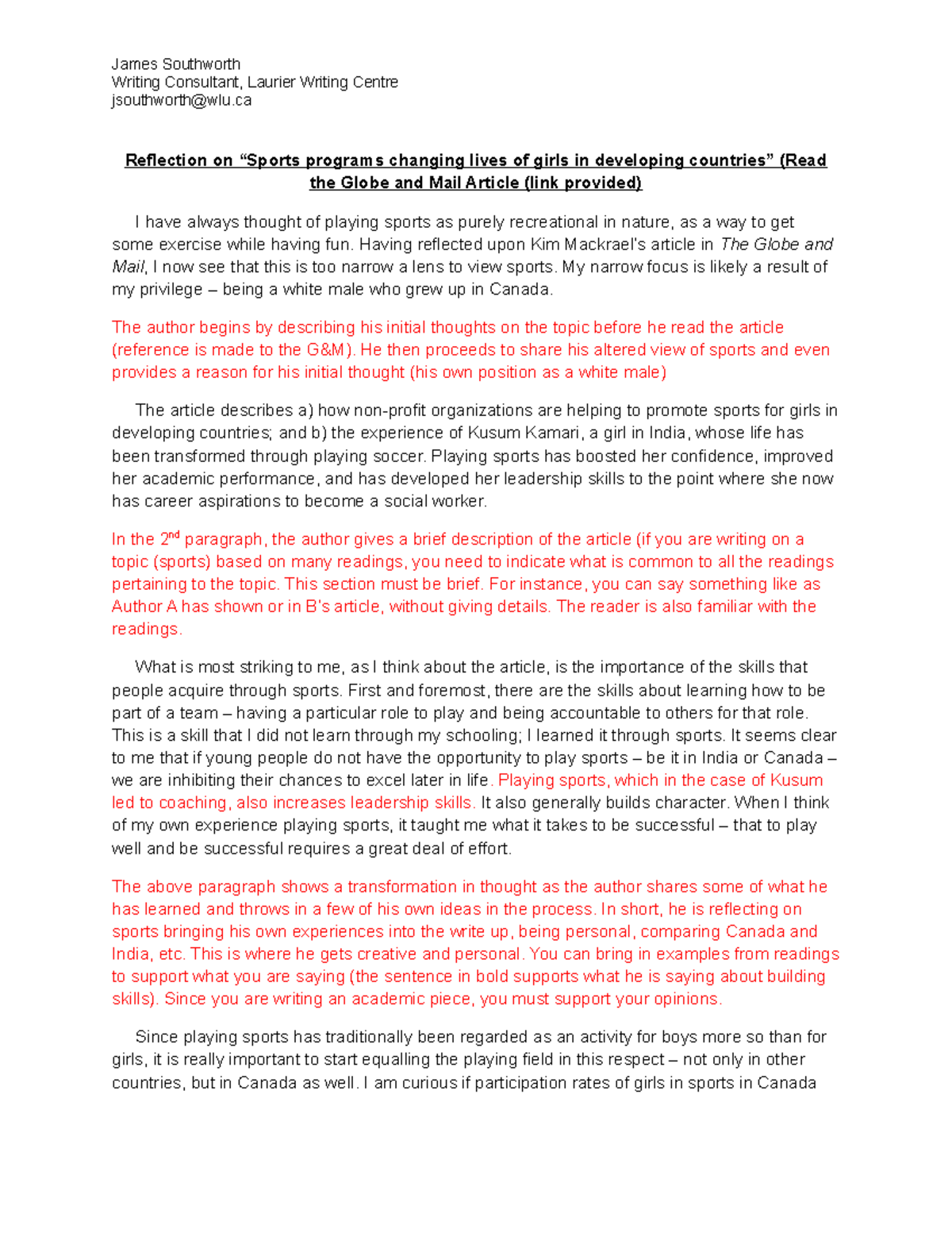 Sample reflection paper 01 07 15 James Southworth Writing Consultant