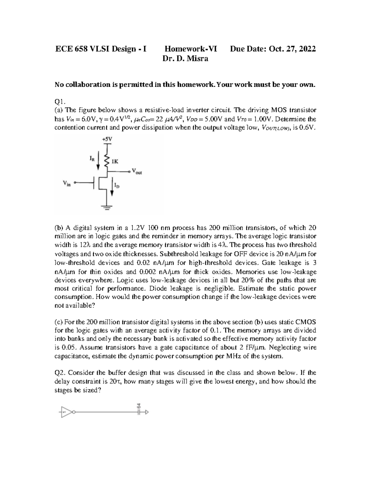 HW-6 F2022 - Homework Questions - ECE 658 VLSI Design - I Homework-VI ...