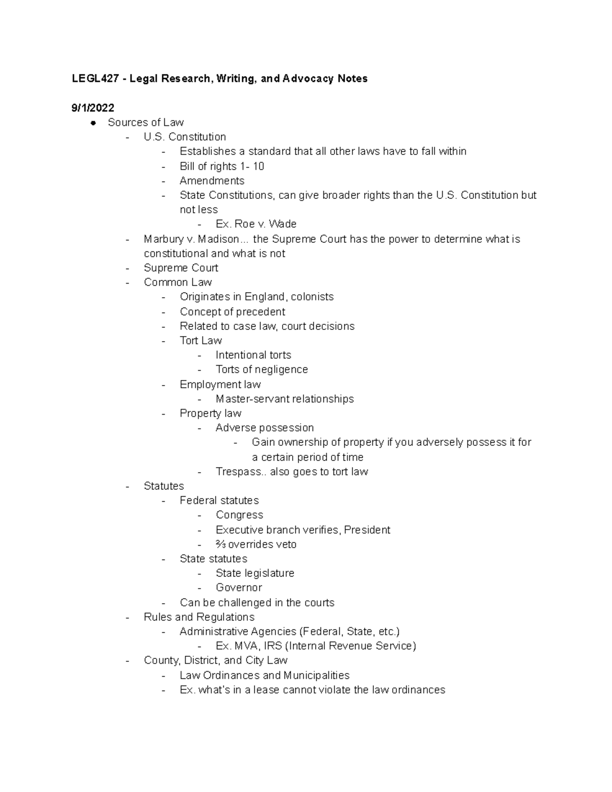Legal Research, Writing, and Advocacy Notes (LEGL427) - LEGL427 - Legal ...