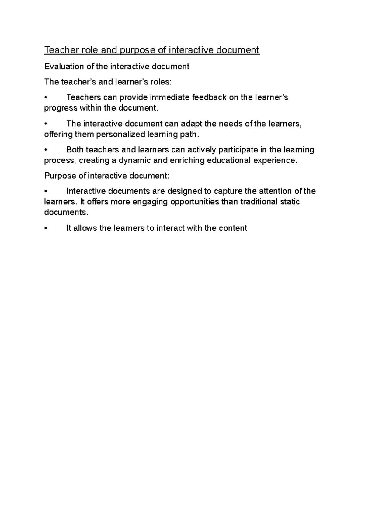 Teacher role and purpose of interactive document - Teacher role and ...