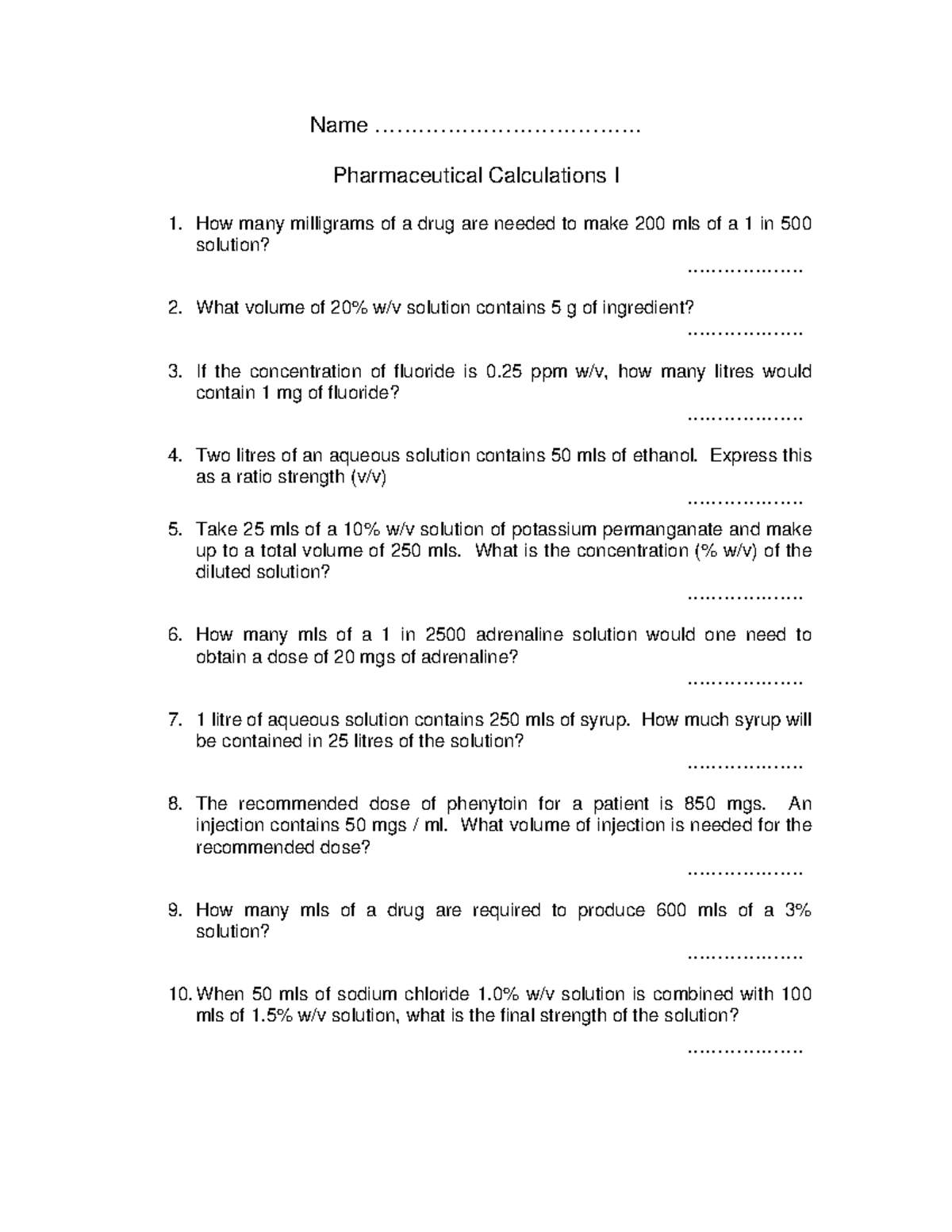 Sample Pharmacy Calculations 1 - Name ...